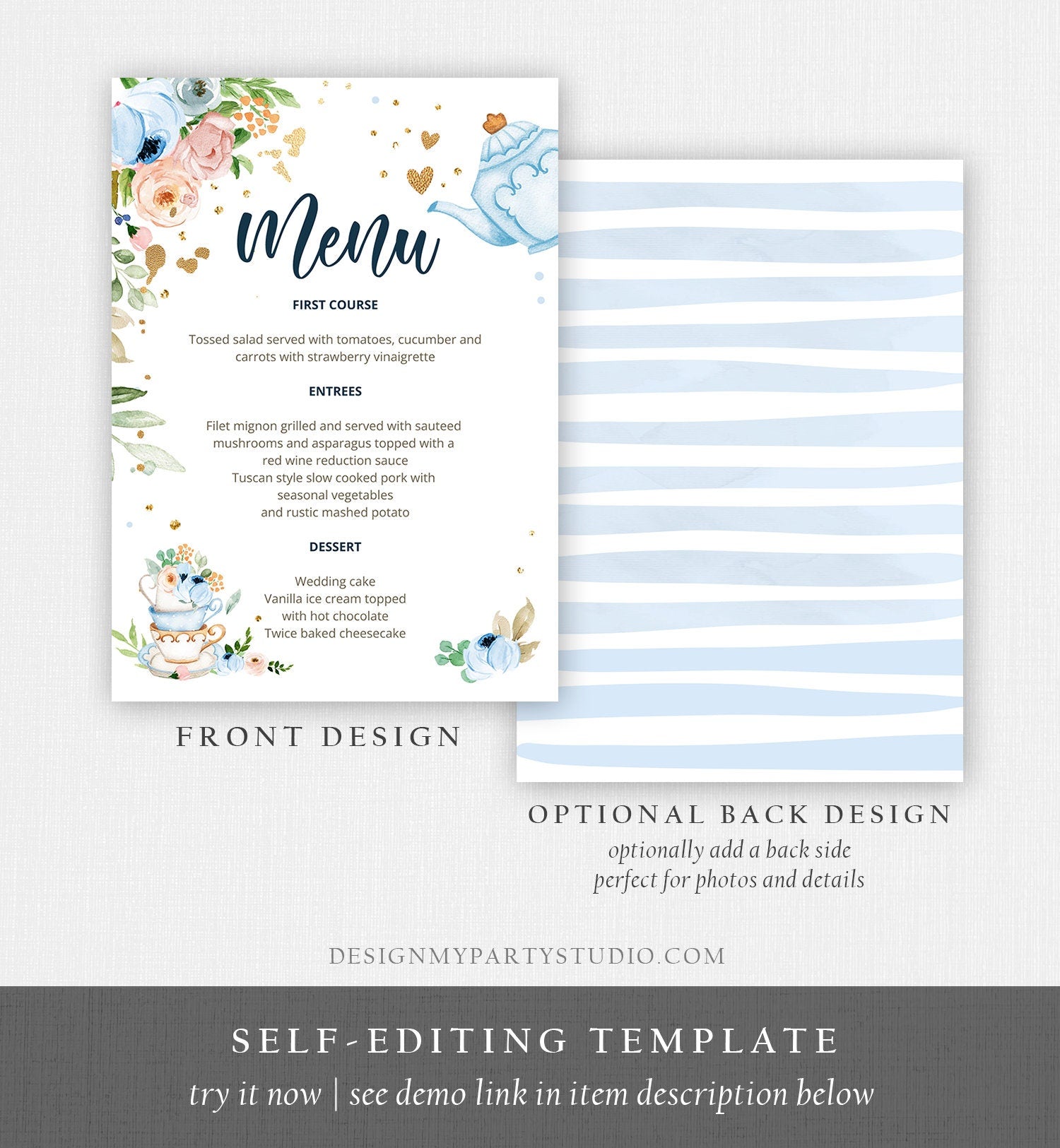 Editable Floral Tea Menu Card Tea Birthday Blue Confetti Floral Tea Baby Shower Baby is Brewing Digital Download Template Printable 0349