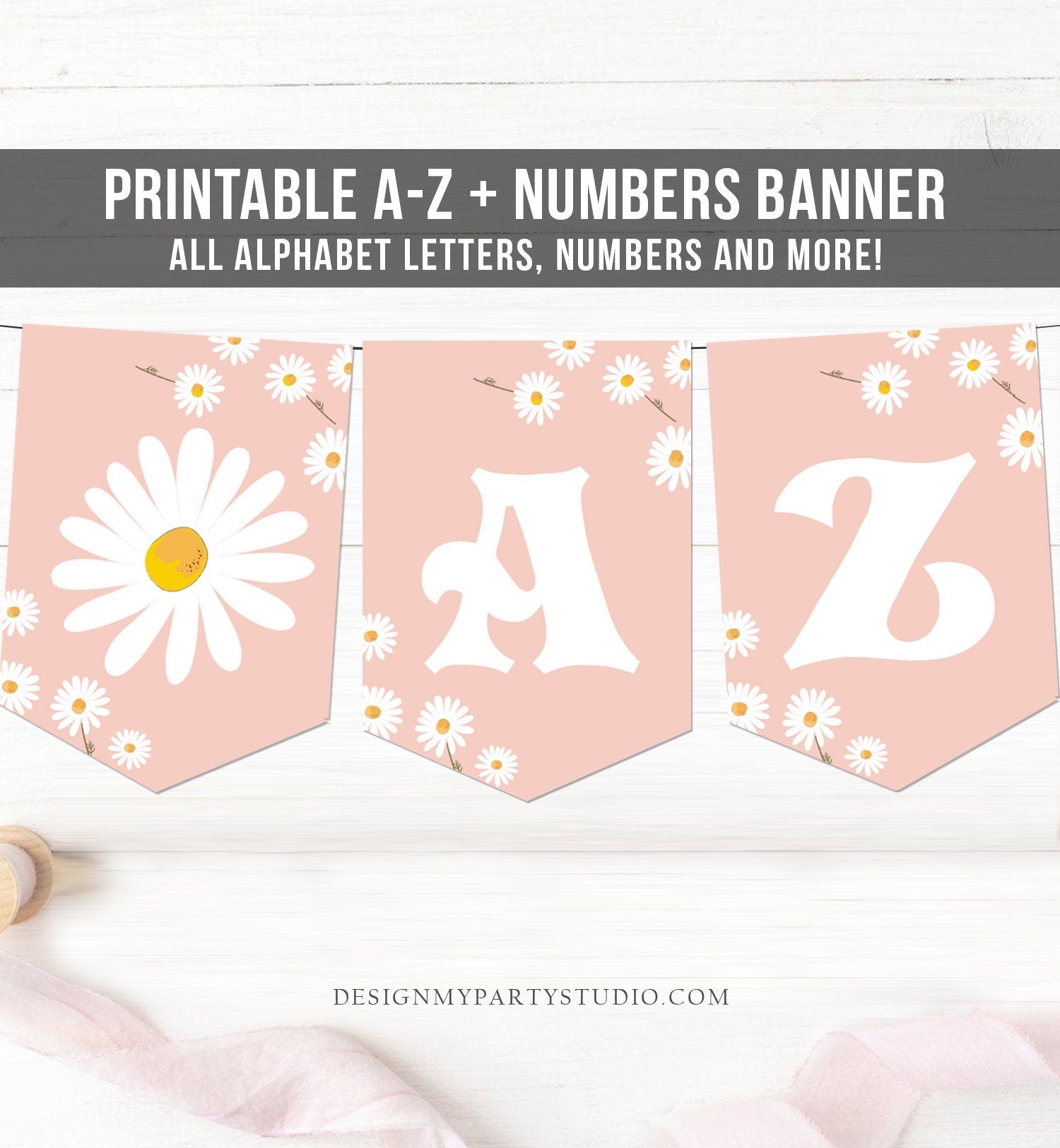 Daisy A-Z Banner Boho Floral Retro Groovy Birthday Baby Bridal Shower Alphabet Numbers Happy Birthday Decor Instant Download Printable 0410