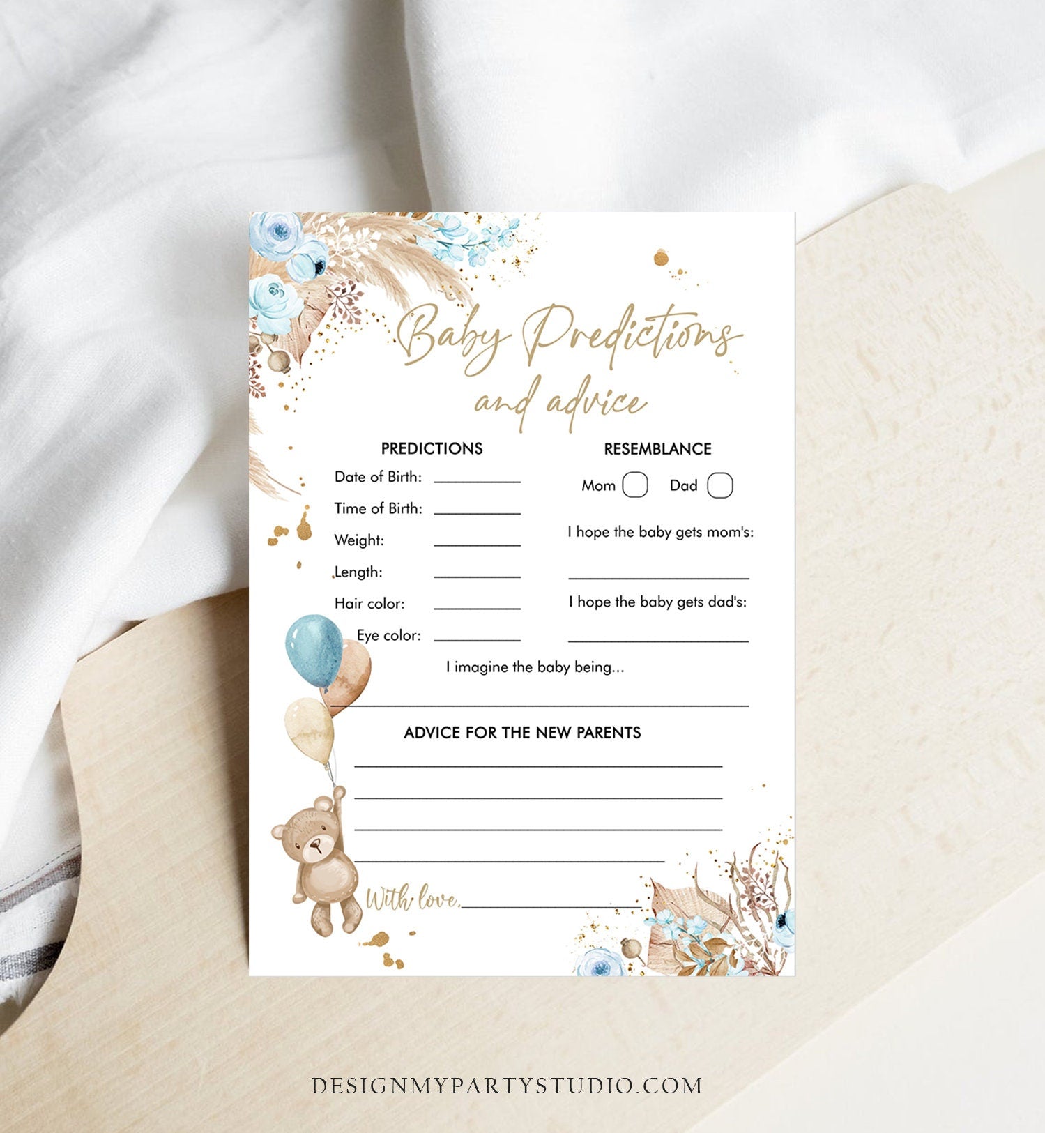 Editable Baby Predictions Baby Shower Game Advice for Parents Teddy Bear Baby Shower Boho Bearly Wait Activity Corjl Template Printable 0421