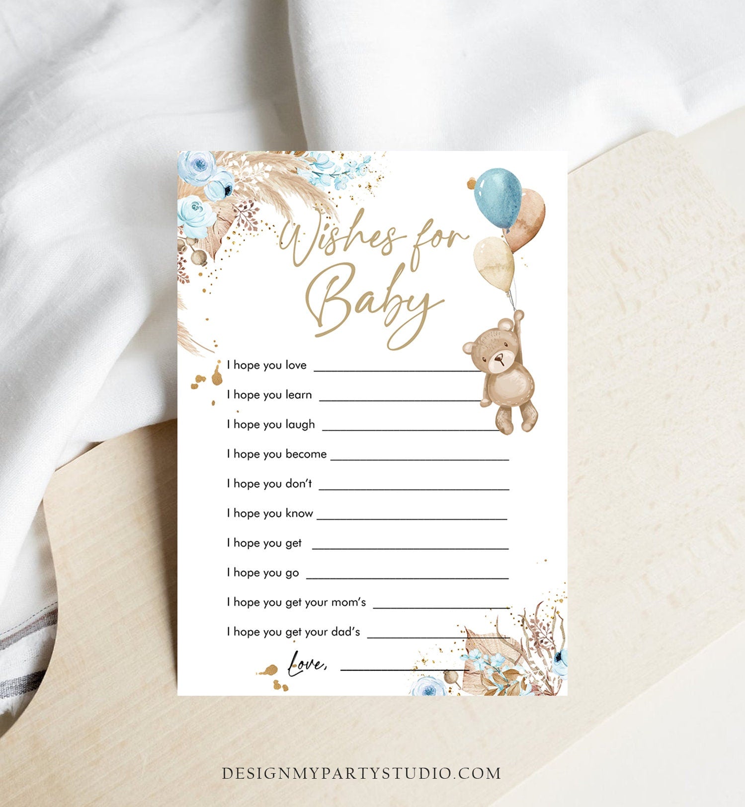 Editable Whishes for the Baby Game Baby Shower Boho Teddy Bear Baby Shower Boho Boy Rustic Pampas Grass Bearly Corjl Template Printable 0421