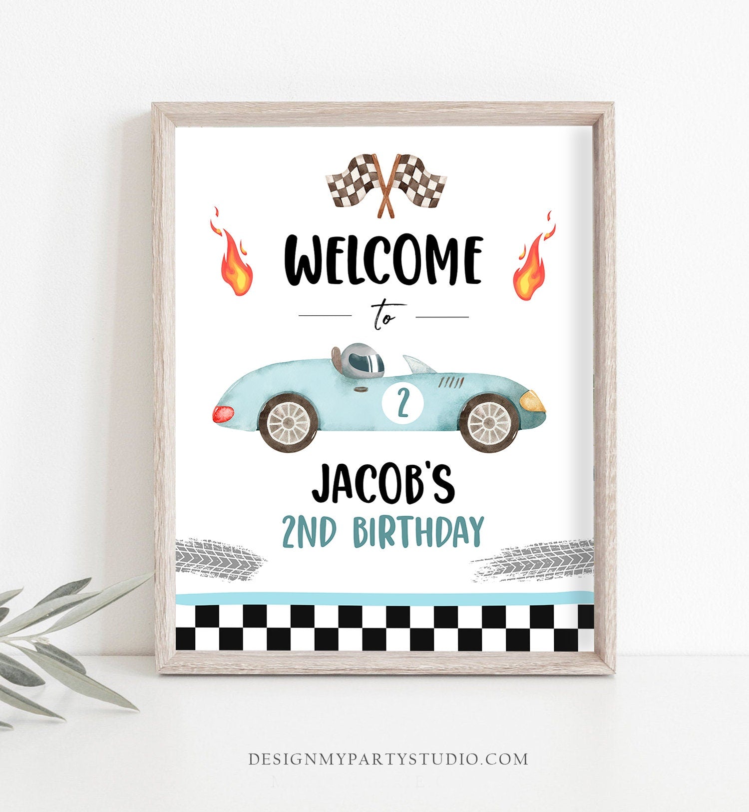 Editable Racing Birthday Welcome Sign Race Car Birthday Sign Growing Up Two Fast 2nd Birthday Blue Boy Decor Template Corjl PRINTABLE 0424