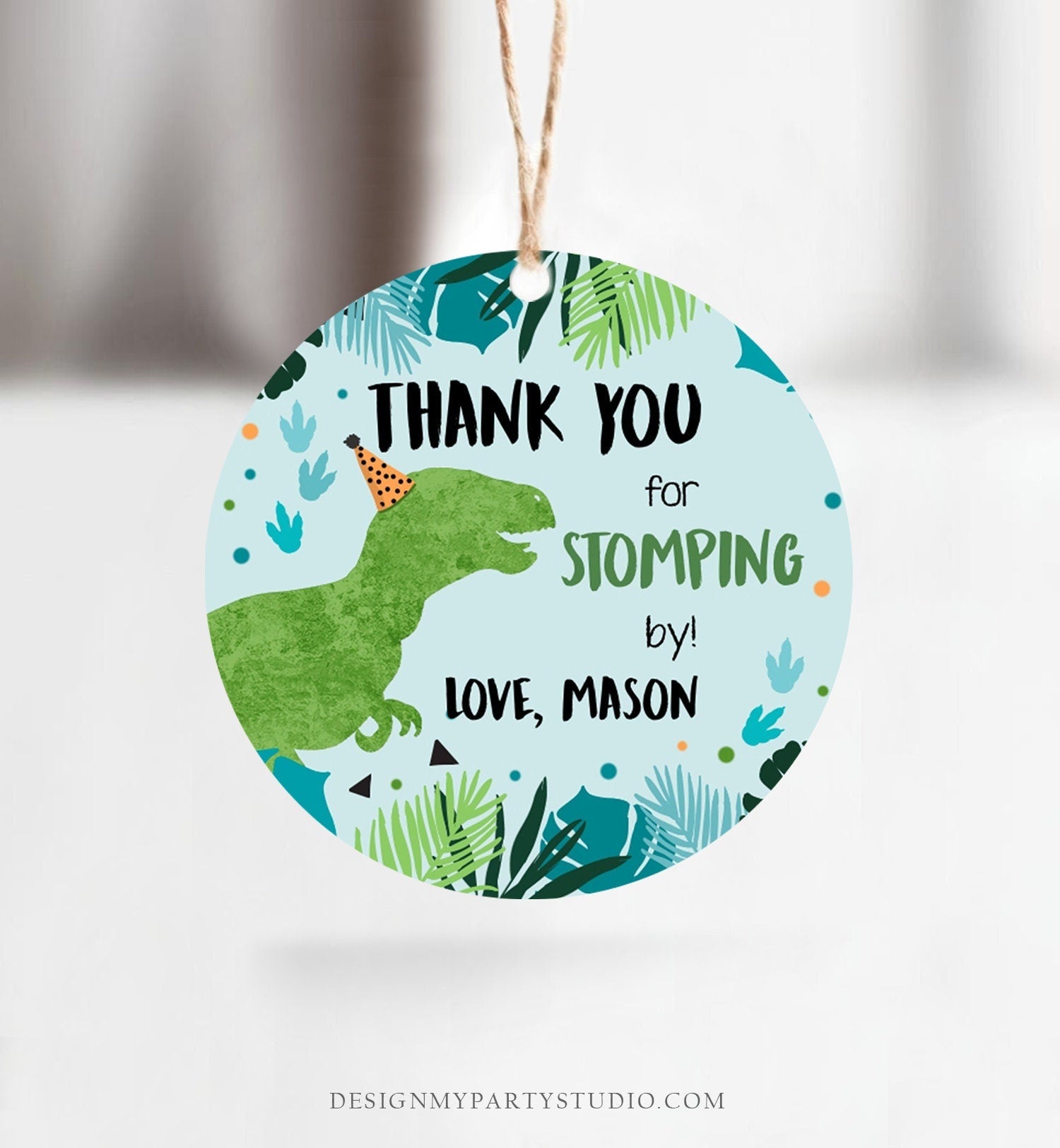 Editable Dinosaur Birthday Favor Tags Gift Tag Boy Green T-Rex Thank You Stomping By Dino Party T-Rex Digital Template Printable 0389