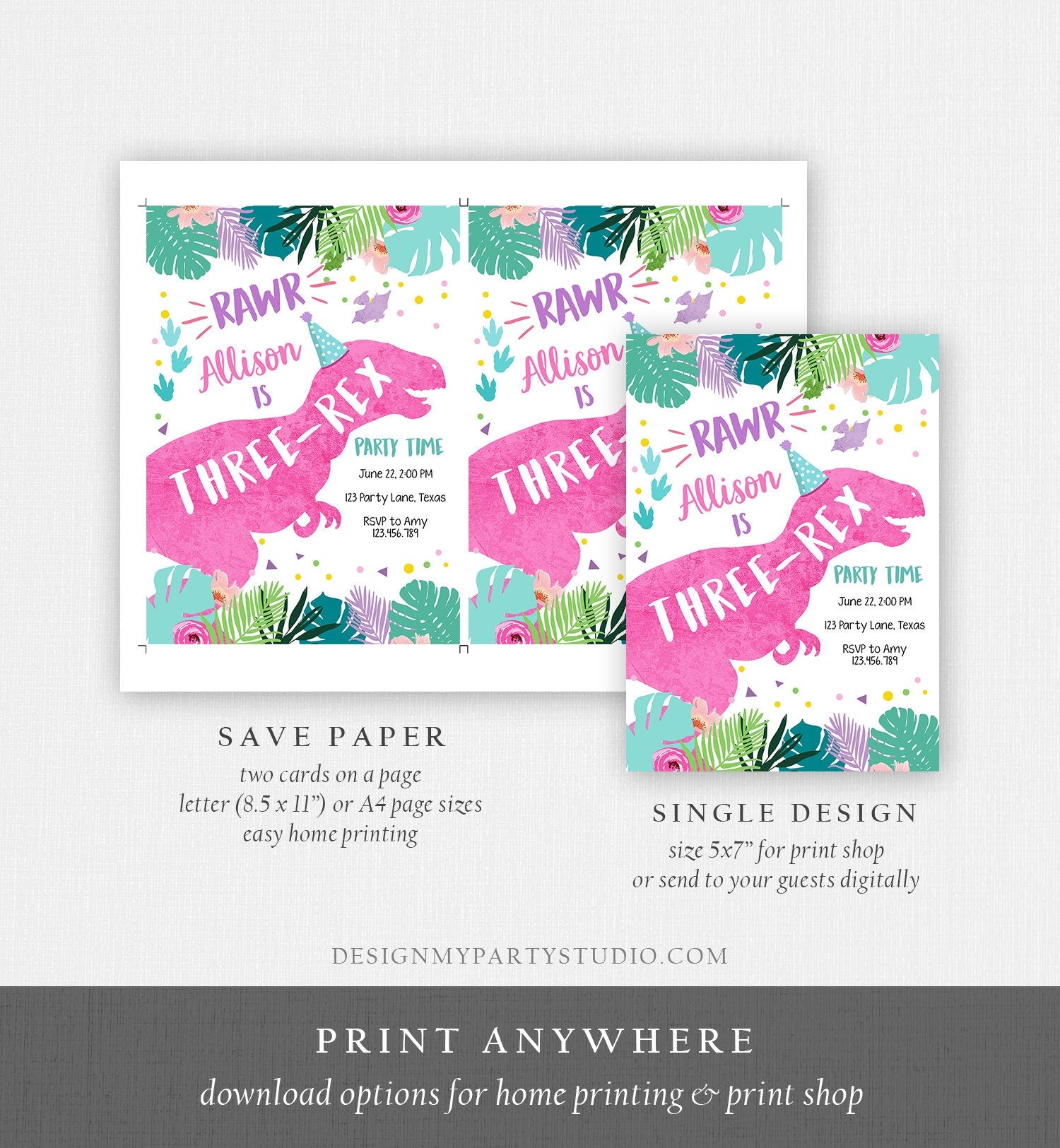 Editable Three-Rex Dinosaur Birthday Invitation Dino T-Rex Third Birthday 3rd Rawr Girl Pink Dino Prehistoric Printable Corjl Template 0423