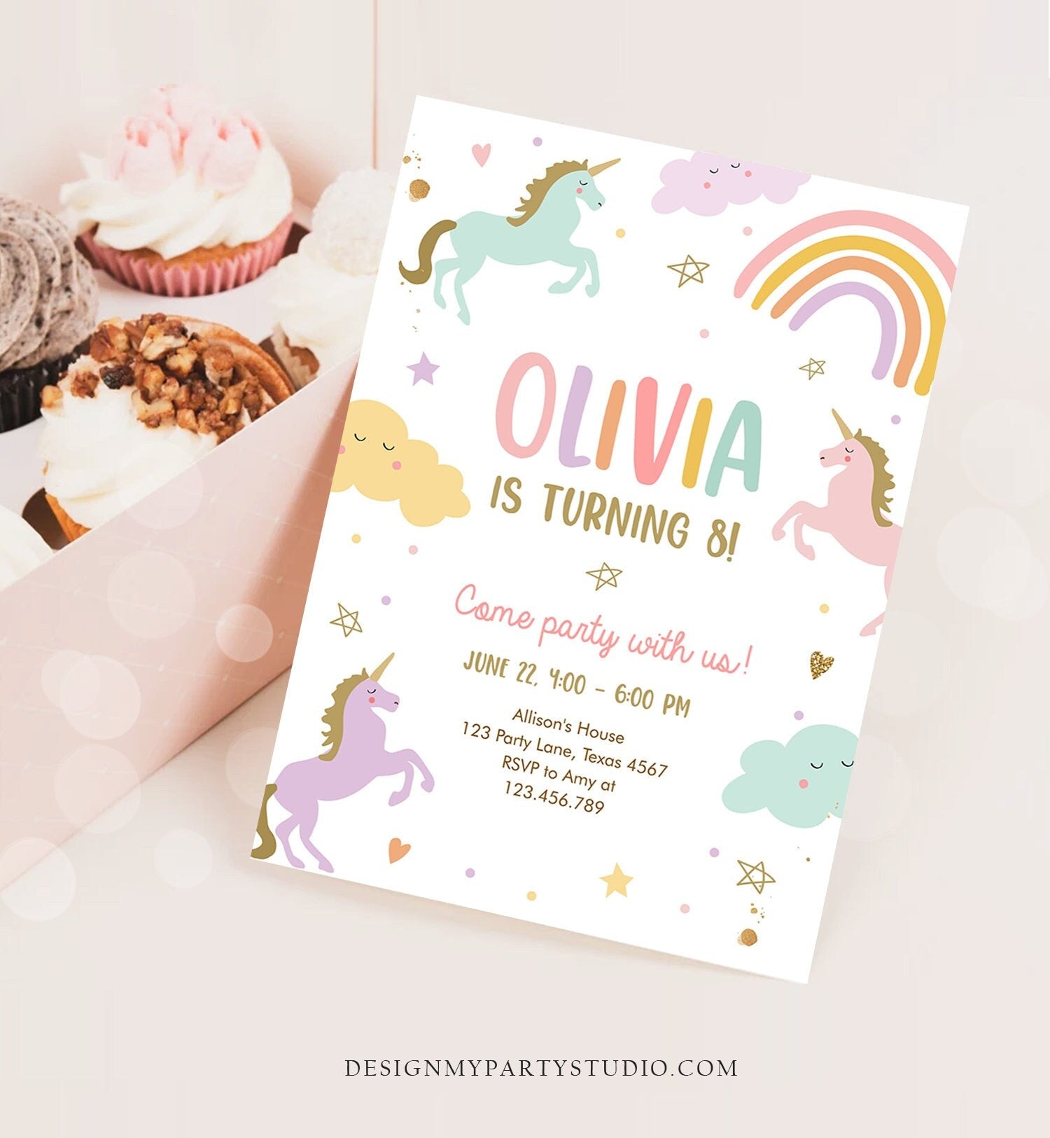 Editable Unicorn Birthday Invitation Magical Party Invite Girl Pink Pastel First Digital Unicorn Party Template Rainbow Download Corjl 0426