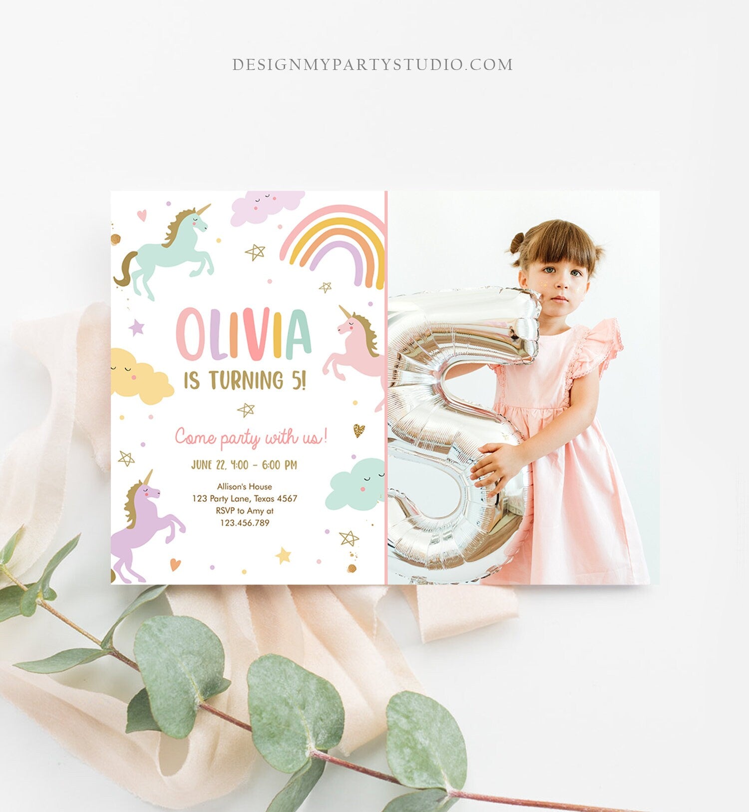 Editable Unicorn Birthday Invitation Magical Party Girl Pink Pastel First Digital Unicorn Rainbow Digital Download Template Printable 0426