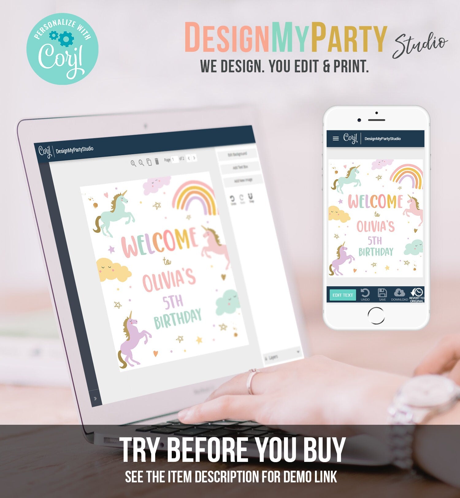 Editable Unicorn Welcome Sign Pastel Unicorn Birthday Door Sign Rainbow Girl Magical Party Sign Poster Pink Template PRINTABLE Corjl 0426