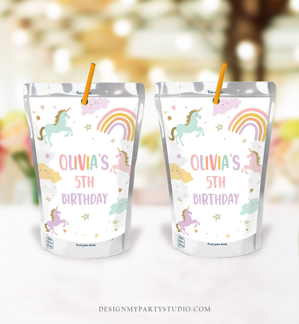 Editable Unicorn Juice Pouch Label Juice Favors Magical Unicorn Birthday Party Pastel Rainbow Digital Download Template Printable 0426