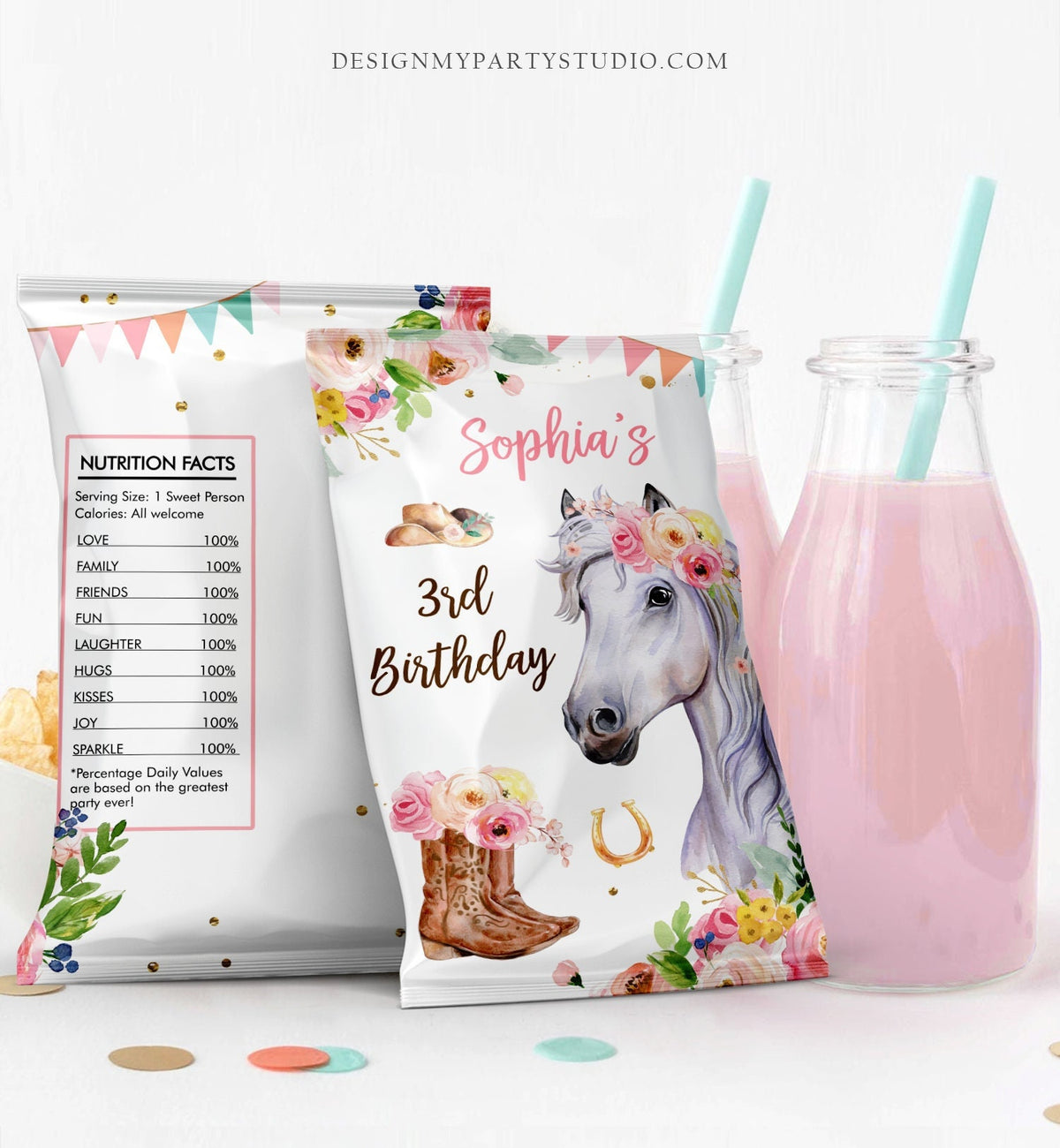 Editable Horse Birthday Chip Bag Cowgirl Party Decor Girl Pony Birthday Saddle Up Pink Floral Horse Snack Favors Digital Corjl Template 0408