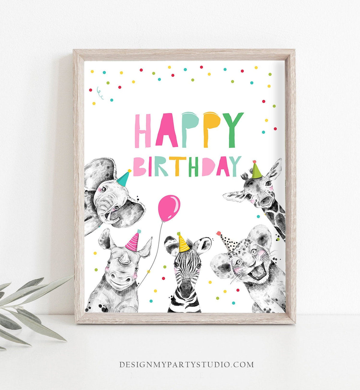 Happy Birthday Sign Party Animals Wild Safari Animals Party Animals Thank You Favors Table Gift Sign Girl Pink Decor Download Printable 0390