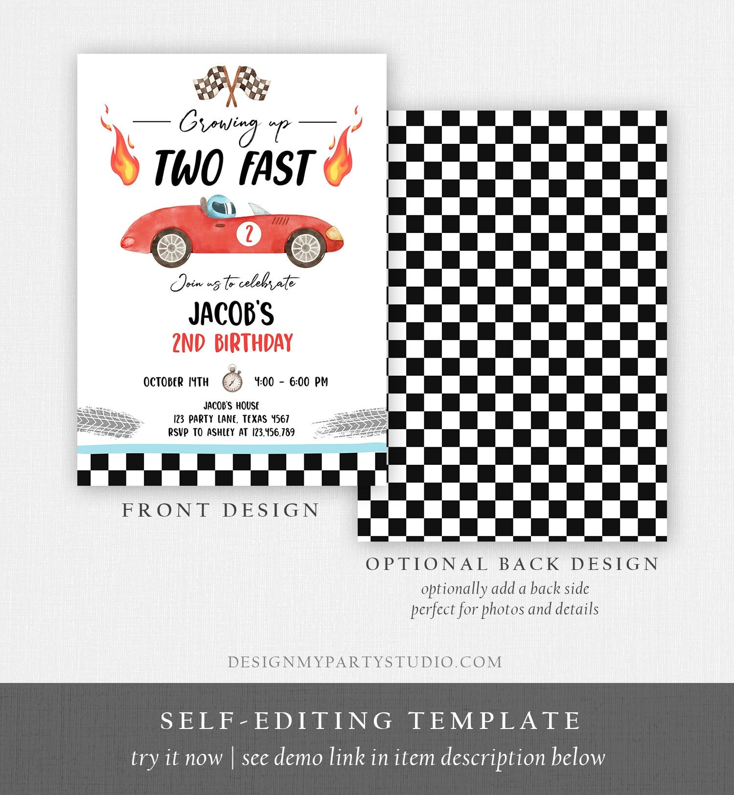 Editable Racing Car Birthday Invitation Growing Up Two Fast Invite Second Birthday 2nd Boy Download Printable Template Digital Corjl 0424