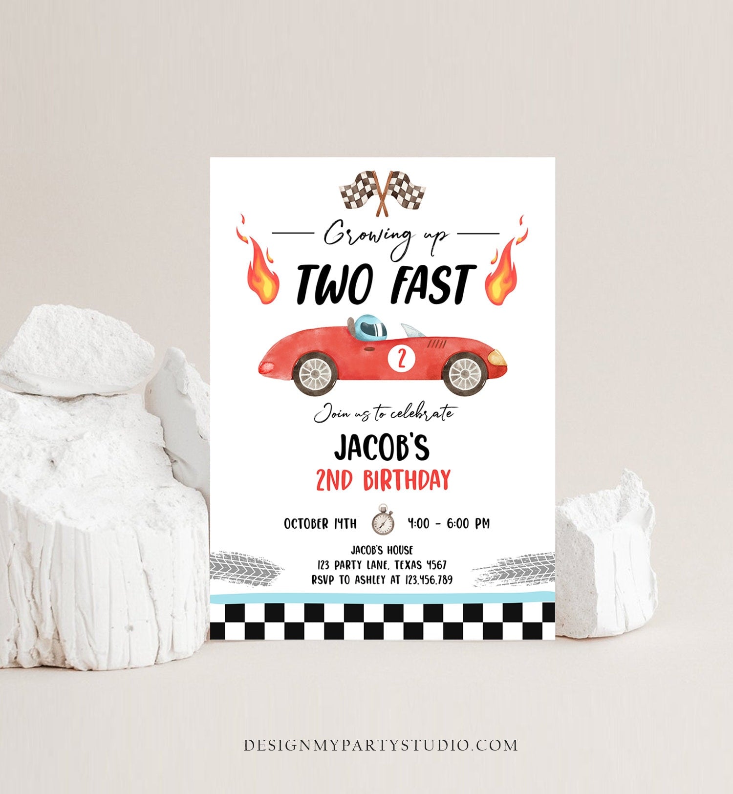 Editable Racing Car Birthday Invitation Growing Up Two Fast Invite Second Birthday 2nd Boy Download Printable Template Digital Corjl 0424