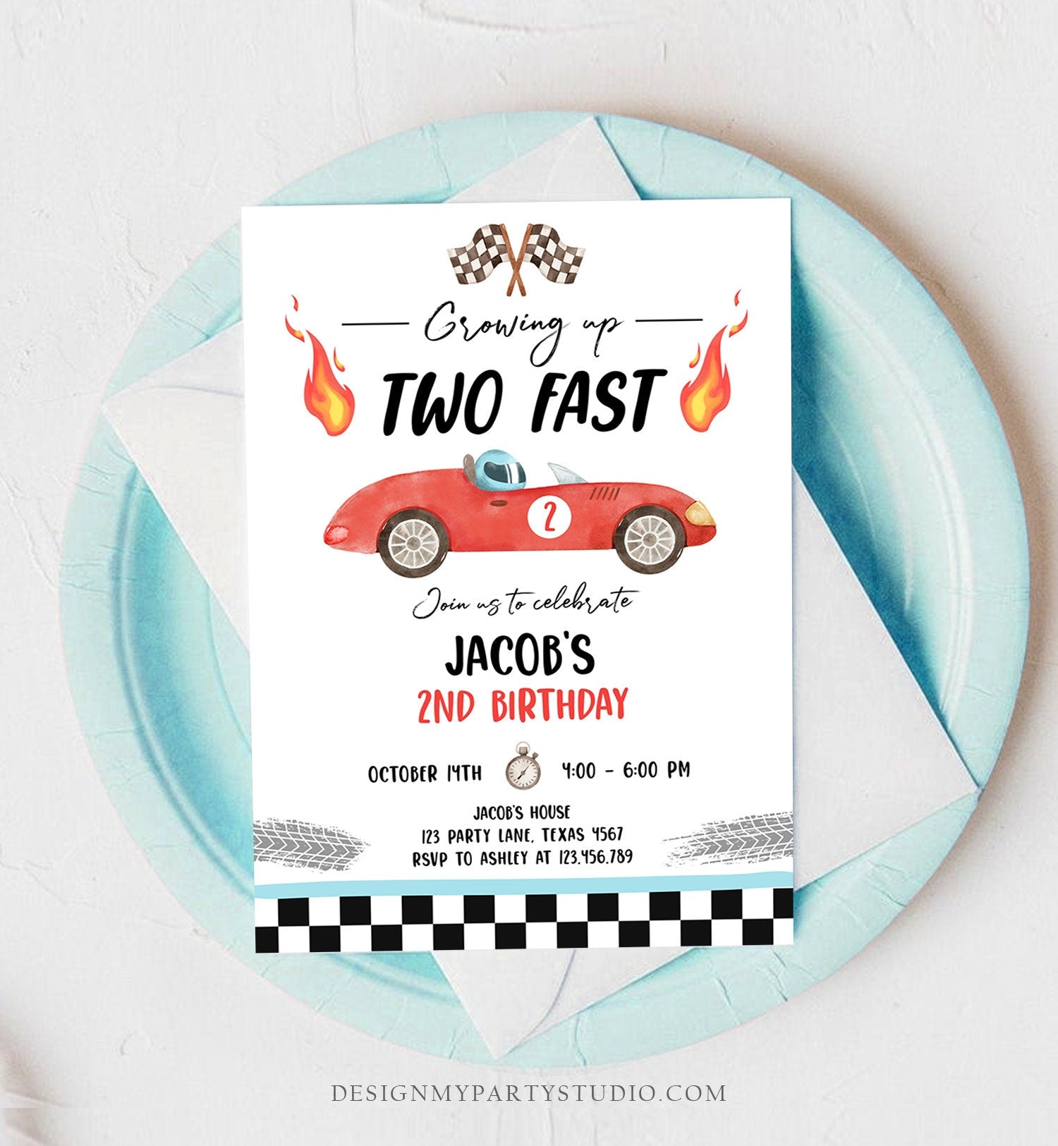 Editable Racing Car Birthday Invitation Growing Up Two Fast Invite Second Birthday 2nd Boy Download Printable Template Digital Corjl 0424