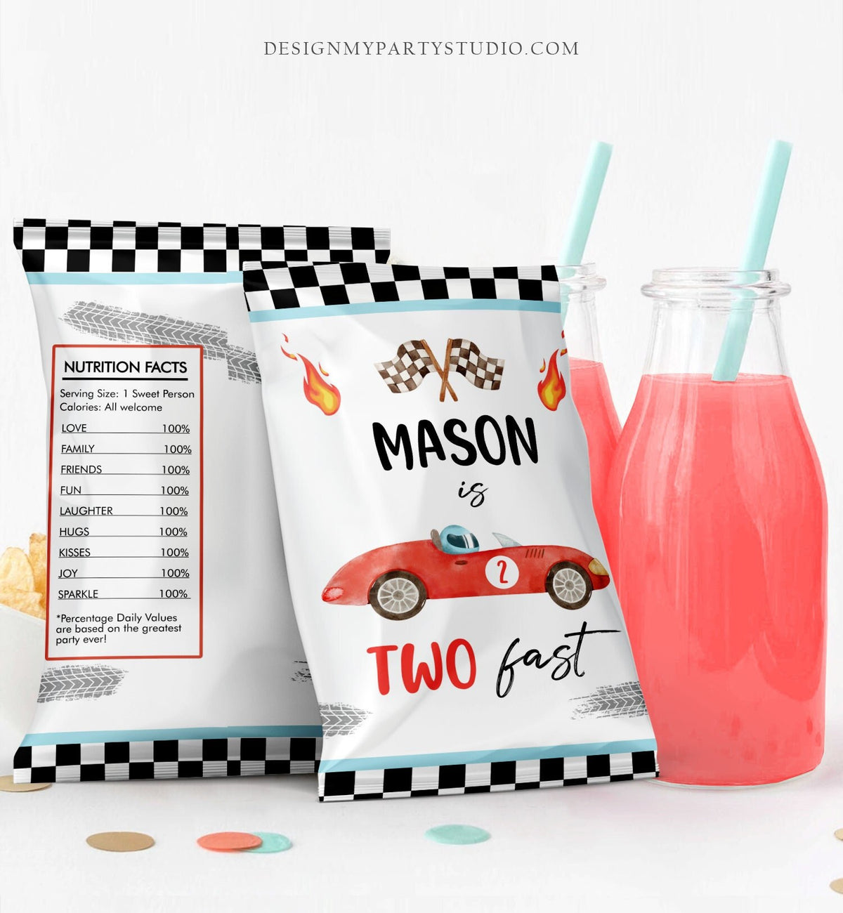 Editable Race Car Chip Bag Growing Up Two Fast Birthday Party Decor Boy Racing Party Favors 2nd Red Car Digital Template Printable 0424