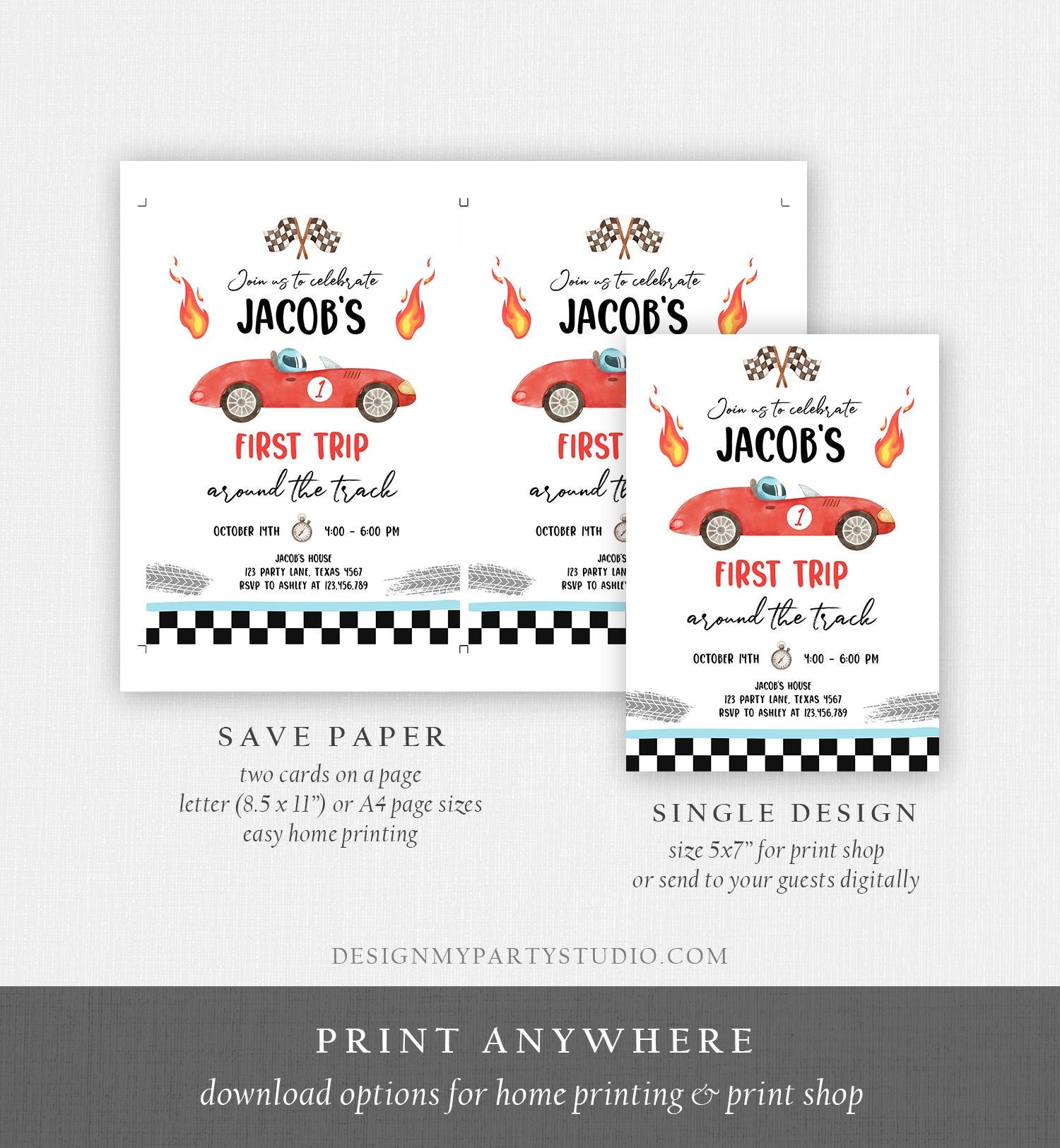 Editable Race Car 1st Birthday Invitation First Trip Around the Track First Birthday Racing Download Printable Template Digital Corjl 0424