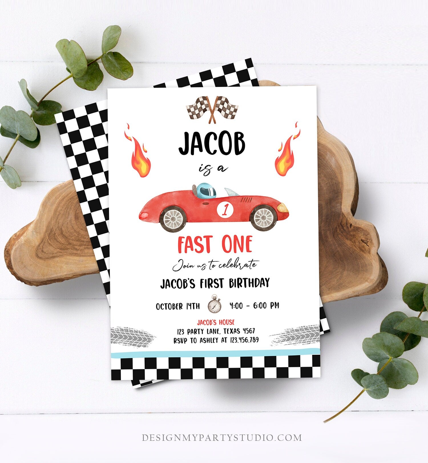 Editable Race Car 1st Birthday Invitation Fast One Invite First Birthday Racing Party Boy Download Printable Template Digital Corjl 0424