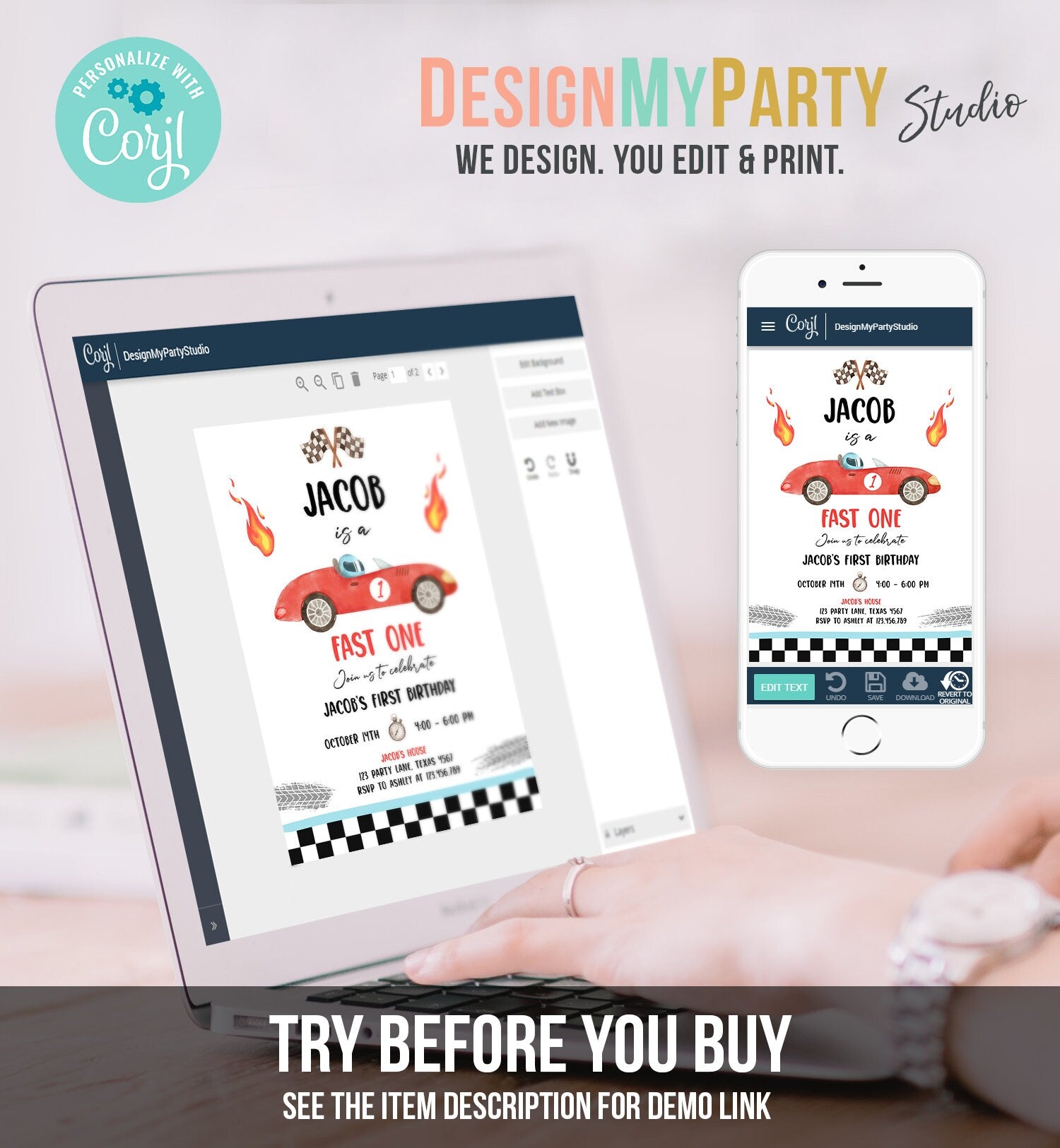 Editable Race Car 1st Birthday Invitation Fast One Invite First Birthday Racing Party Boy Download Printable Template Digital Corjl 0424