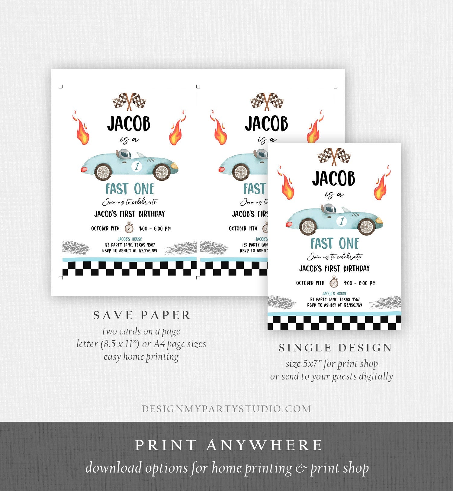 Editable Race Car 1st Birthday Invitation Fast One Invite First Birthday Racing Party Boy Download Printable Template Digital Corjl 0424