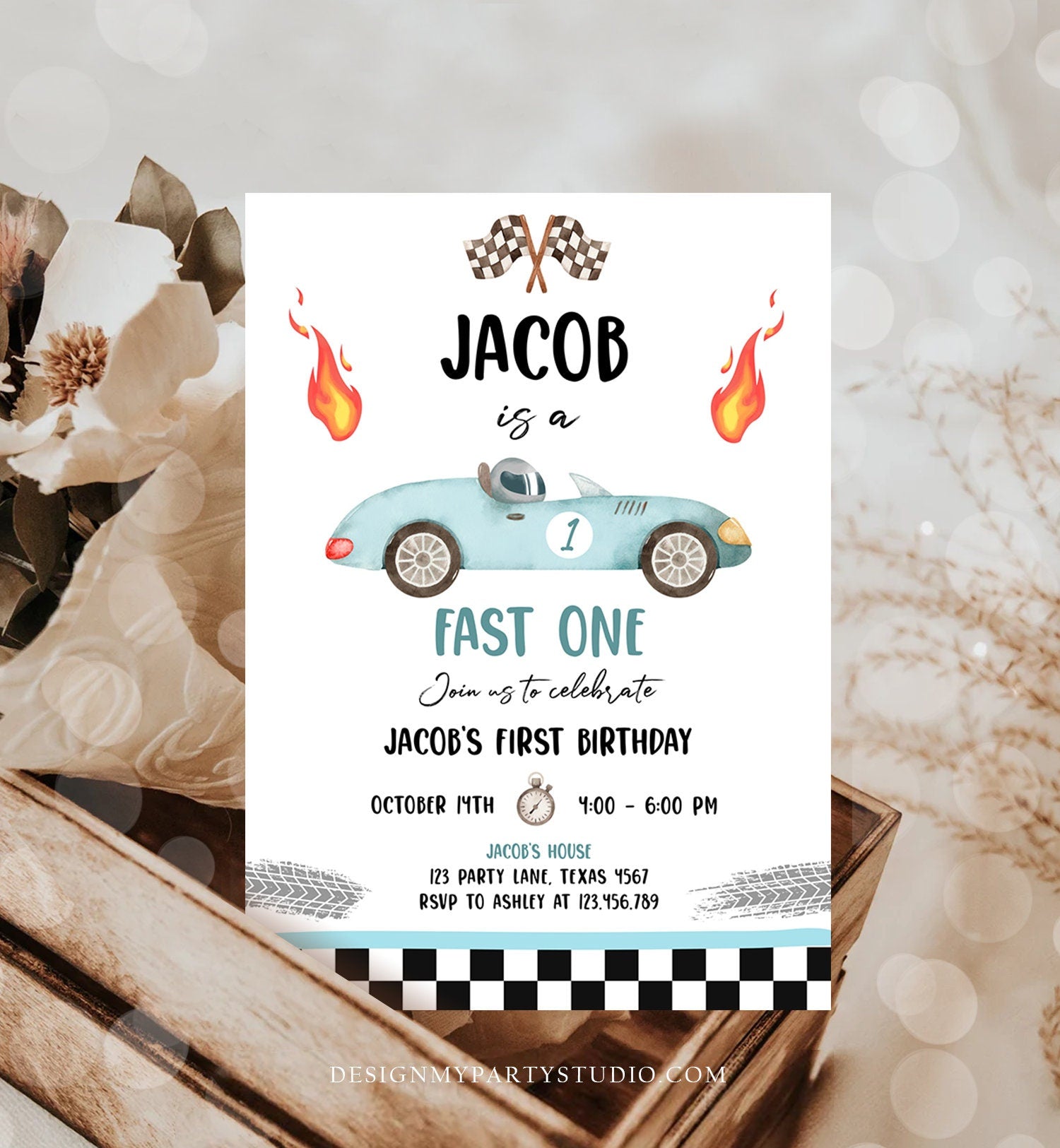 Editable Race Car 1st Birthday Invitation Fast One Invite First Birthday Racing Party Boy Download Printable Template Digital Corjl 0424