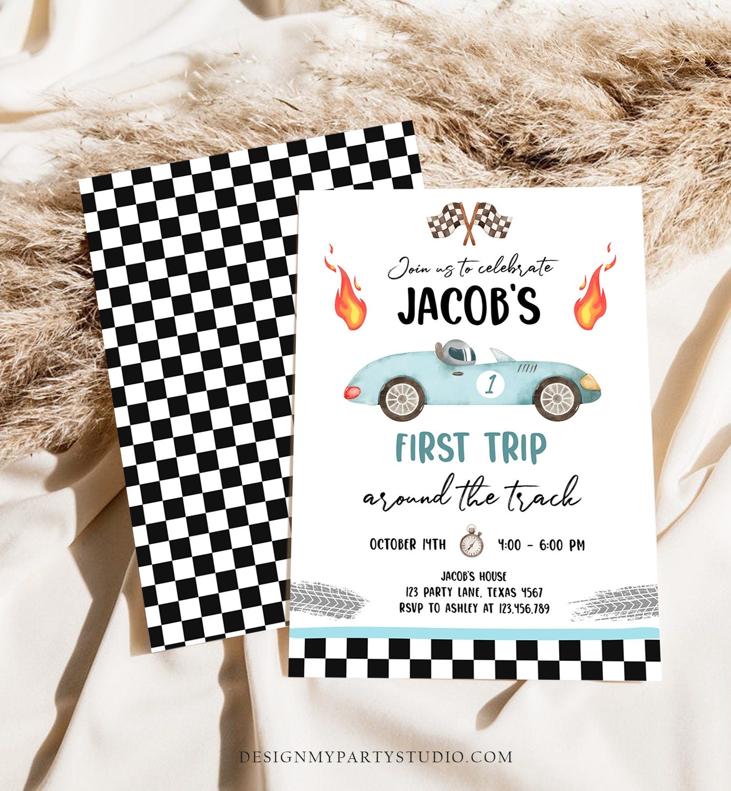 Editable Race Car 1st Birthday Invitation First Trip Around the Track First Birthday Racing Download Printable Template Digital Corjl 0424