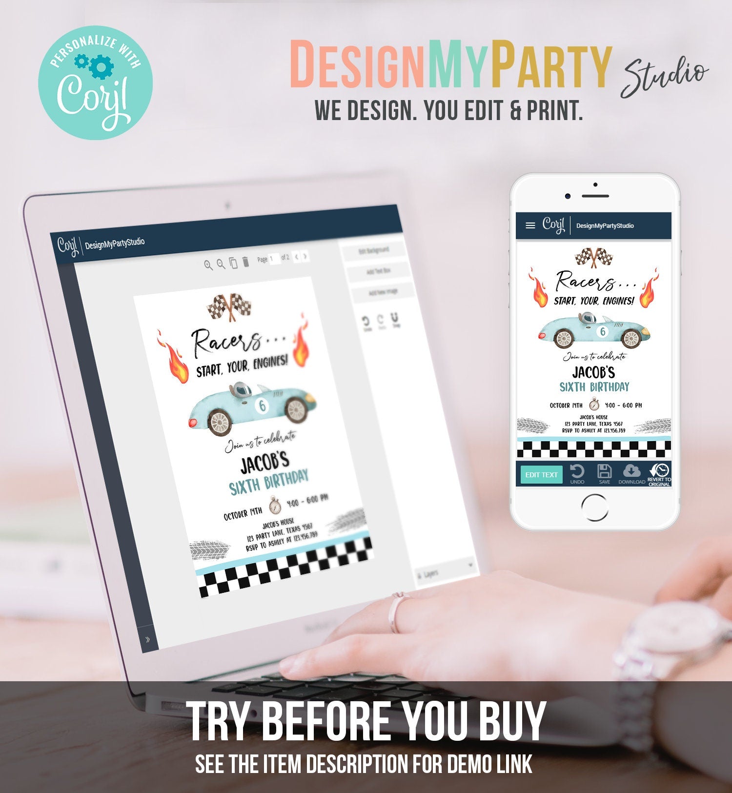 Editable Racing Birthday Invitation Racers Start Your Engines Race Car Party Little Racer Download Printable Template Digital Corjl 0424