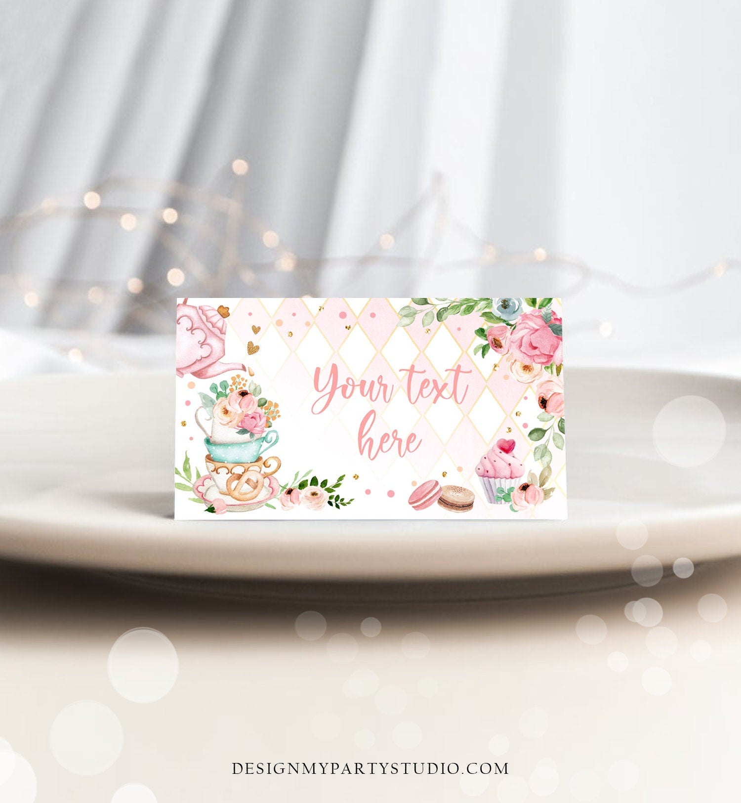 Editable Tea Party Food Label Tea Place Card Tent Card Escort Card Par-Tea Tea for Two Decor Girl Floral Pink Template Printable 0349