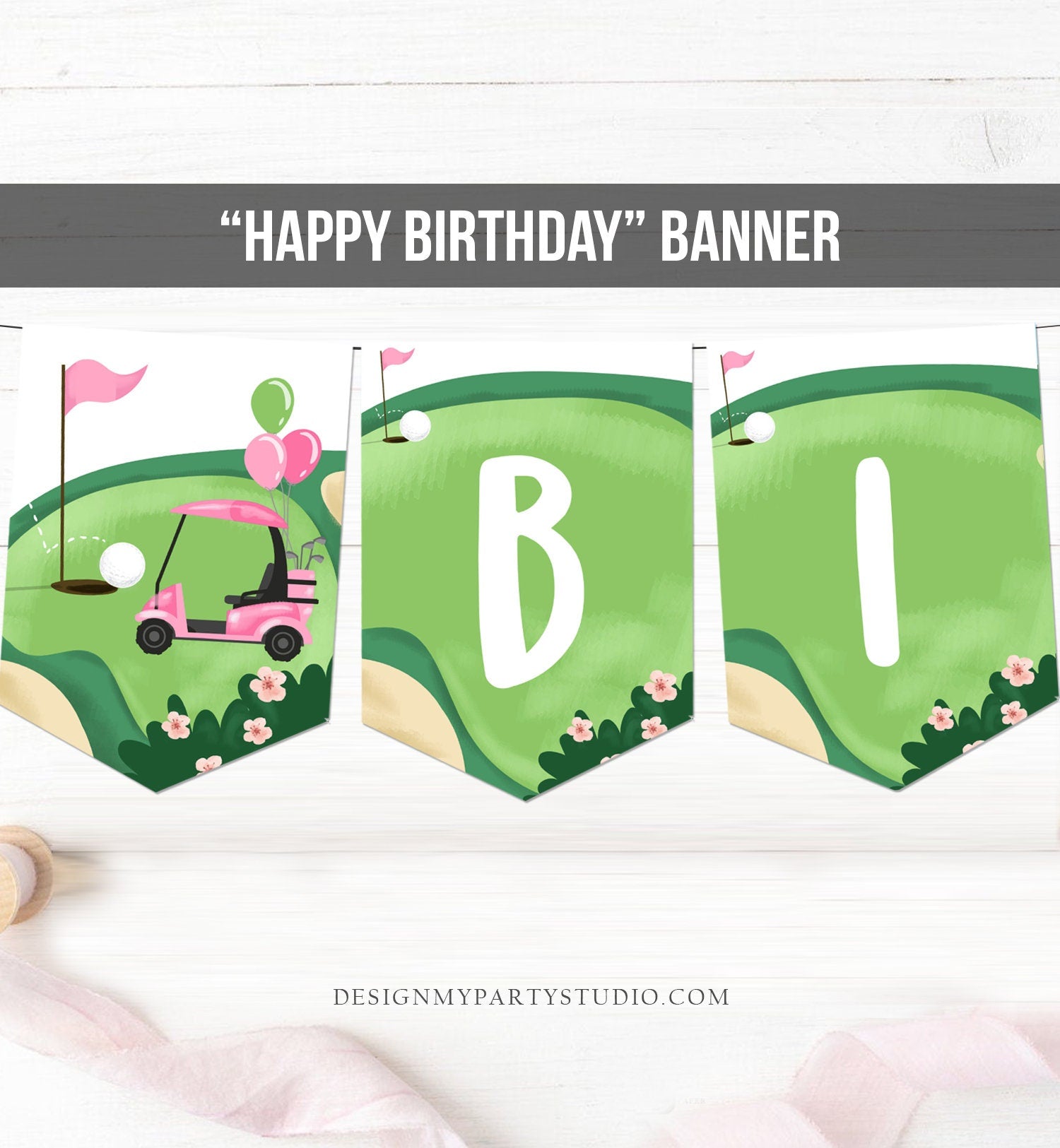 Golf Happy Birthday Banner Hole in One Banner Birthday Girl Pink Golfing Decorations Par-tee Instant download PRINTABLE DIGITAL DIY 0405