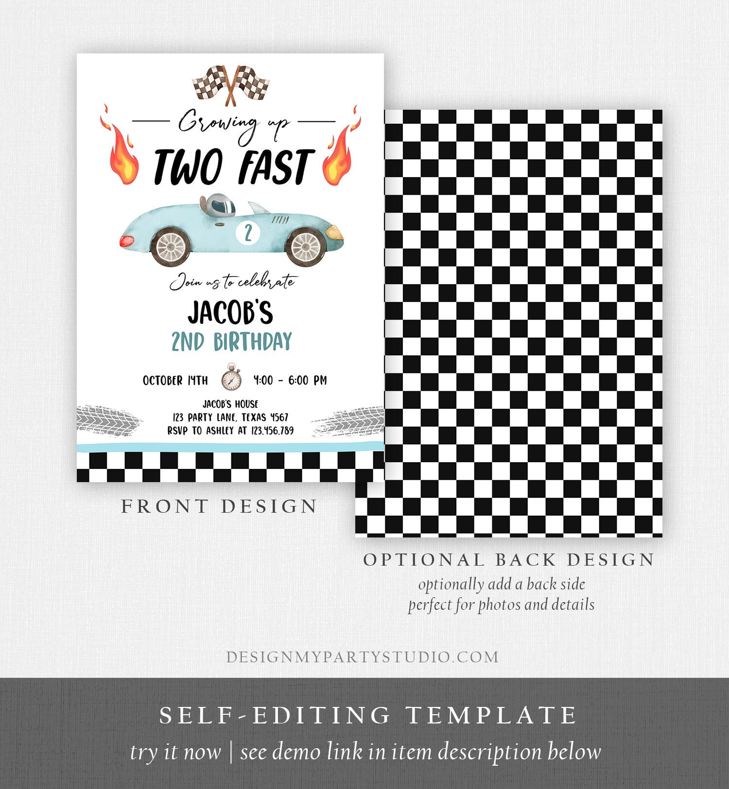 Editable Racing Car Birthday Invitation Growing Up Two Fast Invite Second Birthday 2nd Boy Download Printable Template Digital Corjl 0424