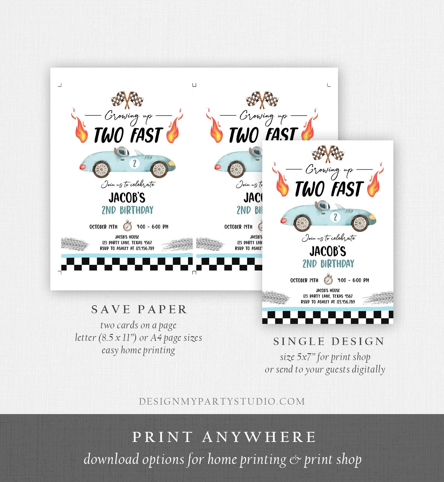 Editable Racing Car Birthday Invitation Growing Up Two Fast Invite Second Birthday 2nd Boy Download Printable Template Digital Corjl 0424