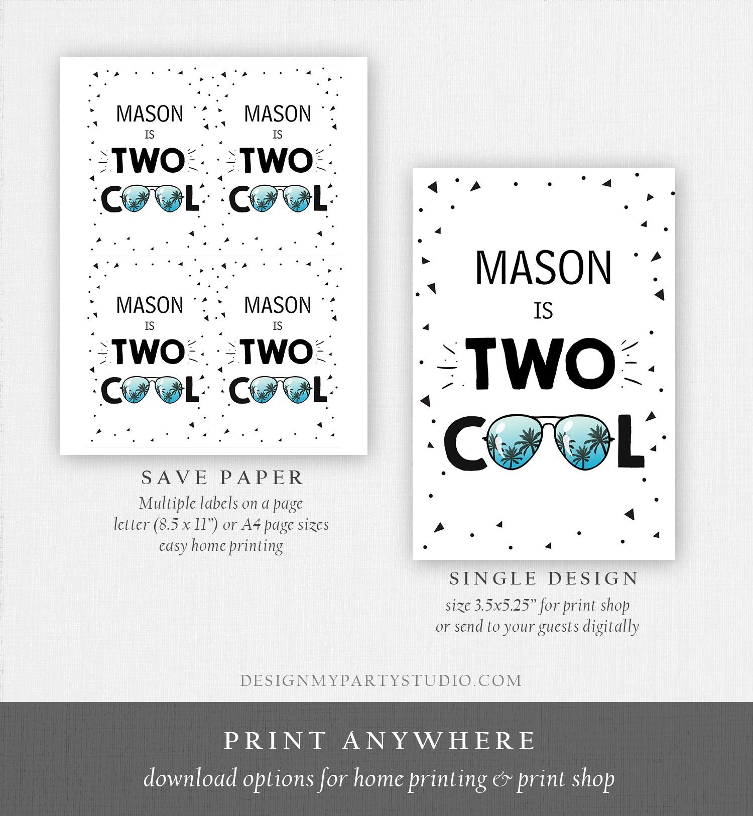 Editable Two Cool Juice Pouch Label Juice Favors Boy Second Birthday 2nd Dude Sunglasses Pack Digital Download Template Printable 0136