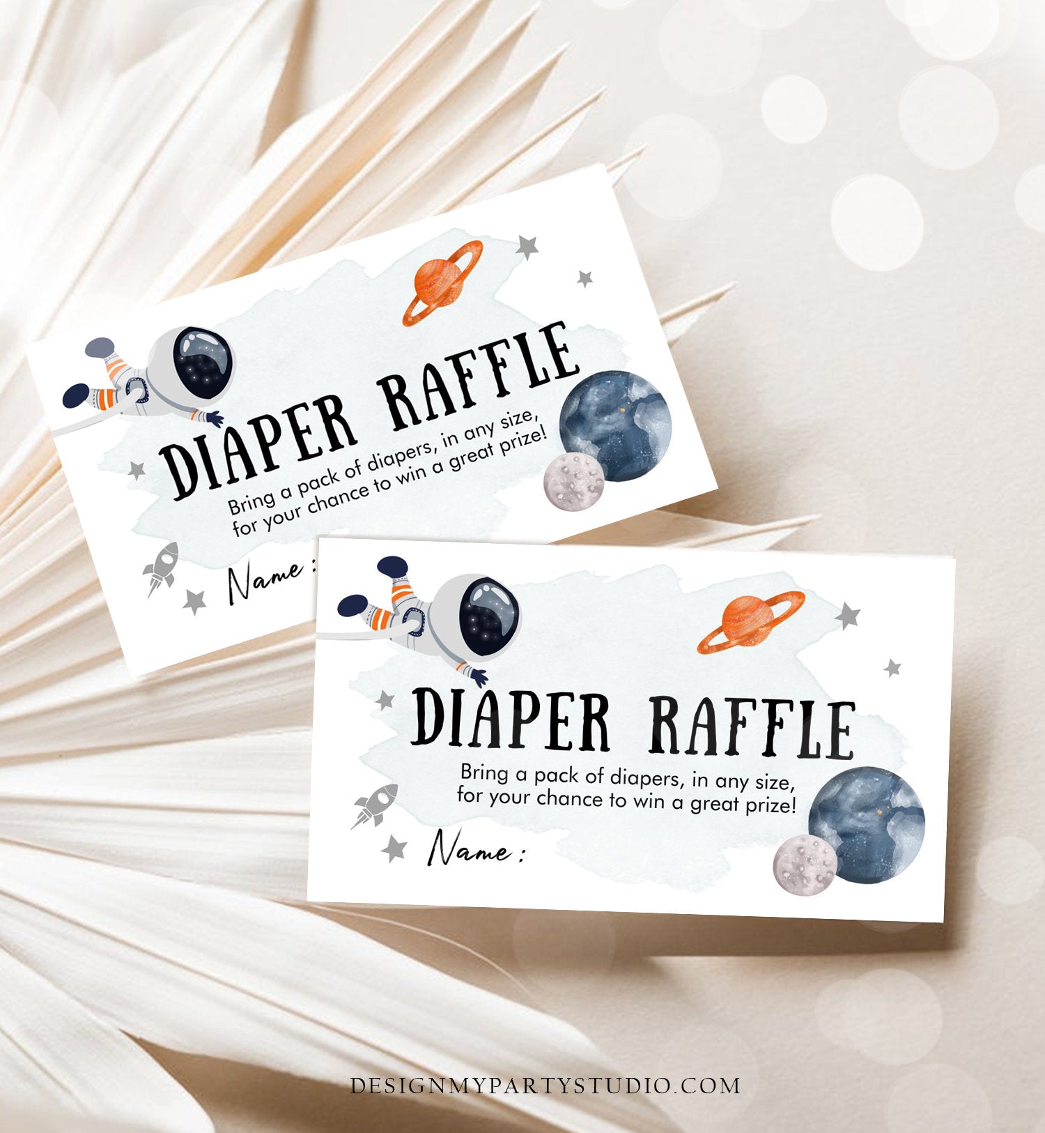 Editable Outer Space Diaper Raffle Ticket Astronaut Baby Shower Orange Planets Galaxy Registry Card Game Digital Template PRINTABLE 0366