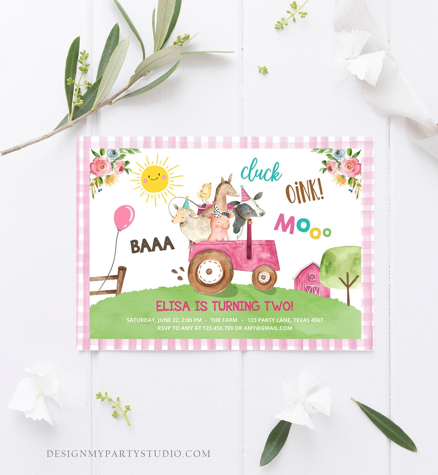 Editable Farm Birthday Invitation Girl Farm Animals Pink Floral Pink Gingham Party Tractor Digital Download Corjl Template Printable 0155