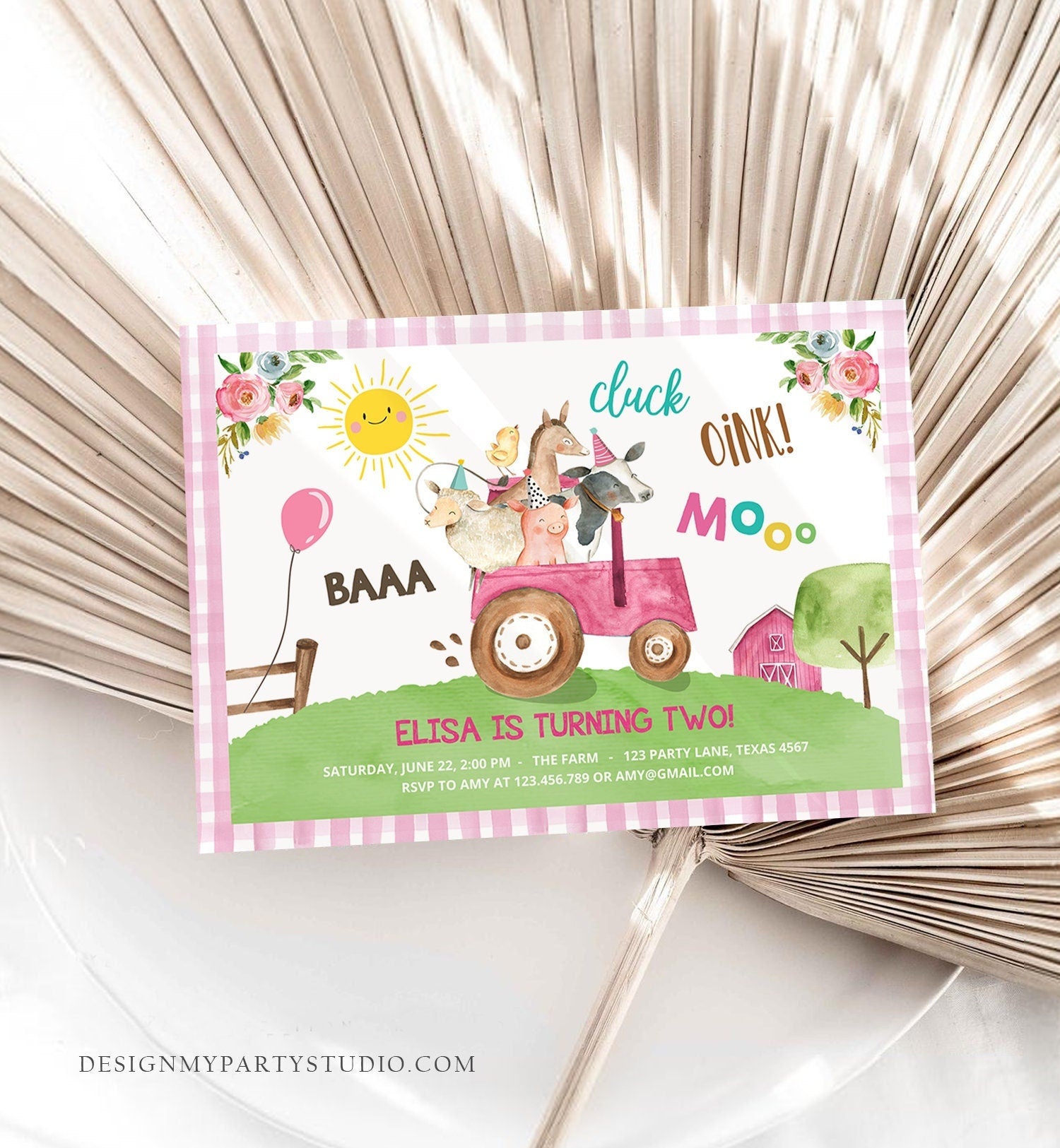 Editable Farm Birthday Invitation Girl Farm Animals Pink Floral Barnyard Party Tractor Digital Download Corjl Template Printable 0155