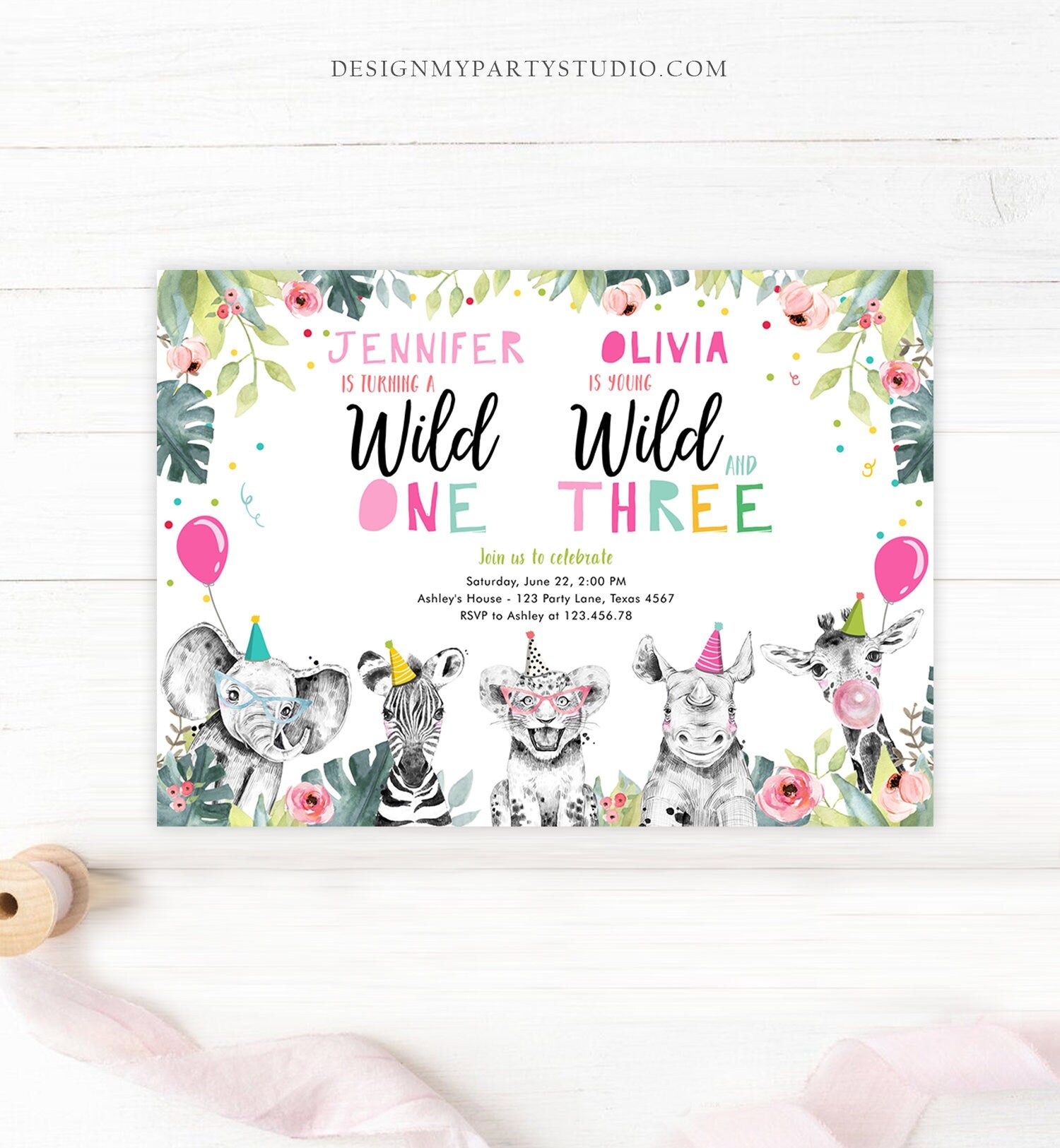 Editable Wild One Young Wild and Three Birthday Invitation Party Animals Siblings Girl First Third 1st 3rd Safari Joint Corjl Template 0322