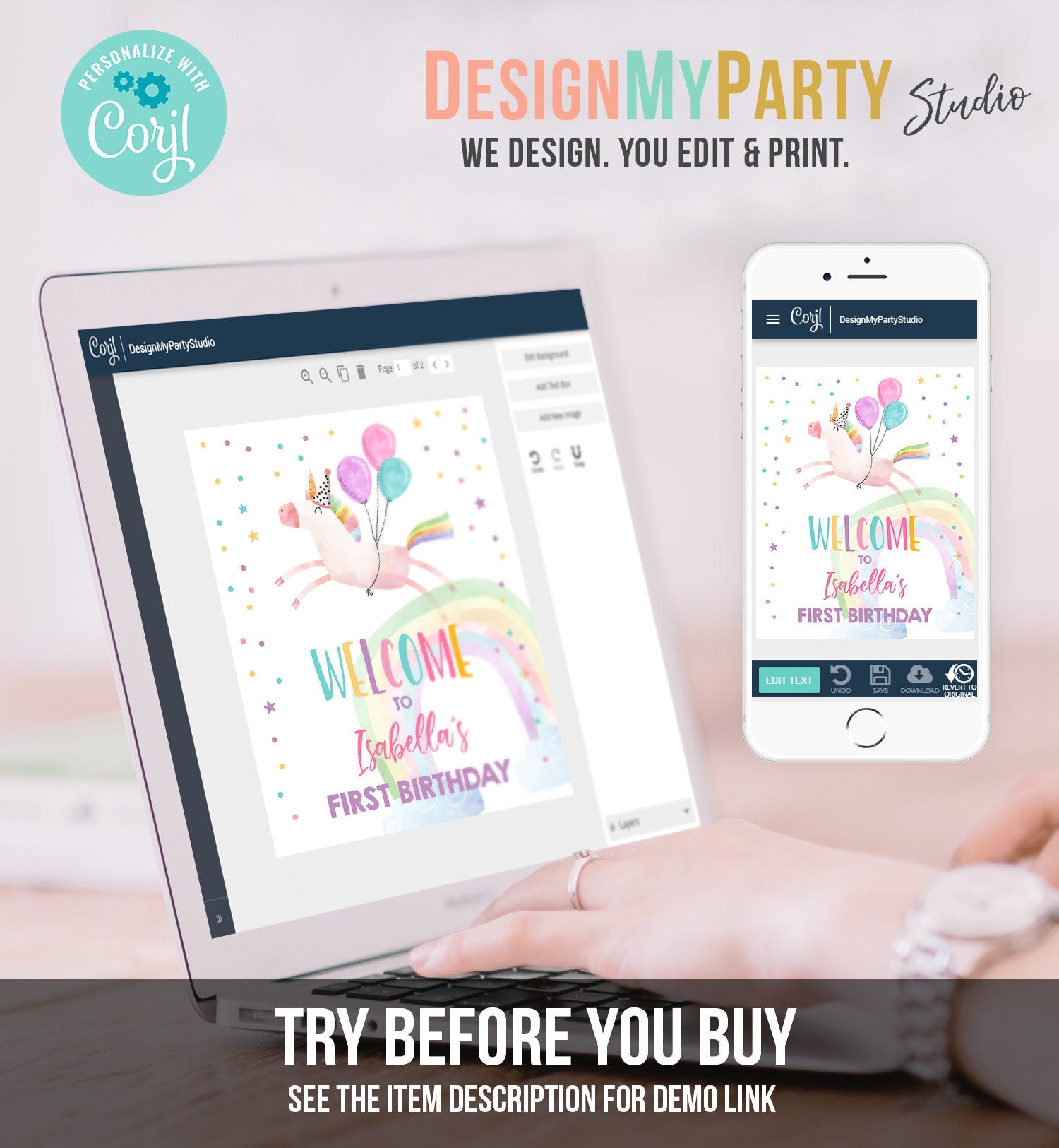 Editable Unicorn Welcome Sign Unicorn Birthday Door Sign Rainbow Girl Magical Unicorn Party Sign Pink First Template PRINTABLE Corjl 0336