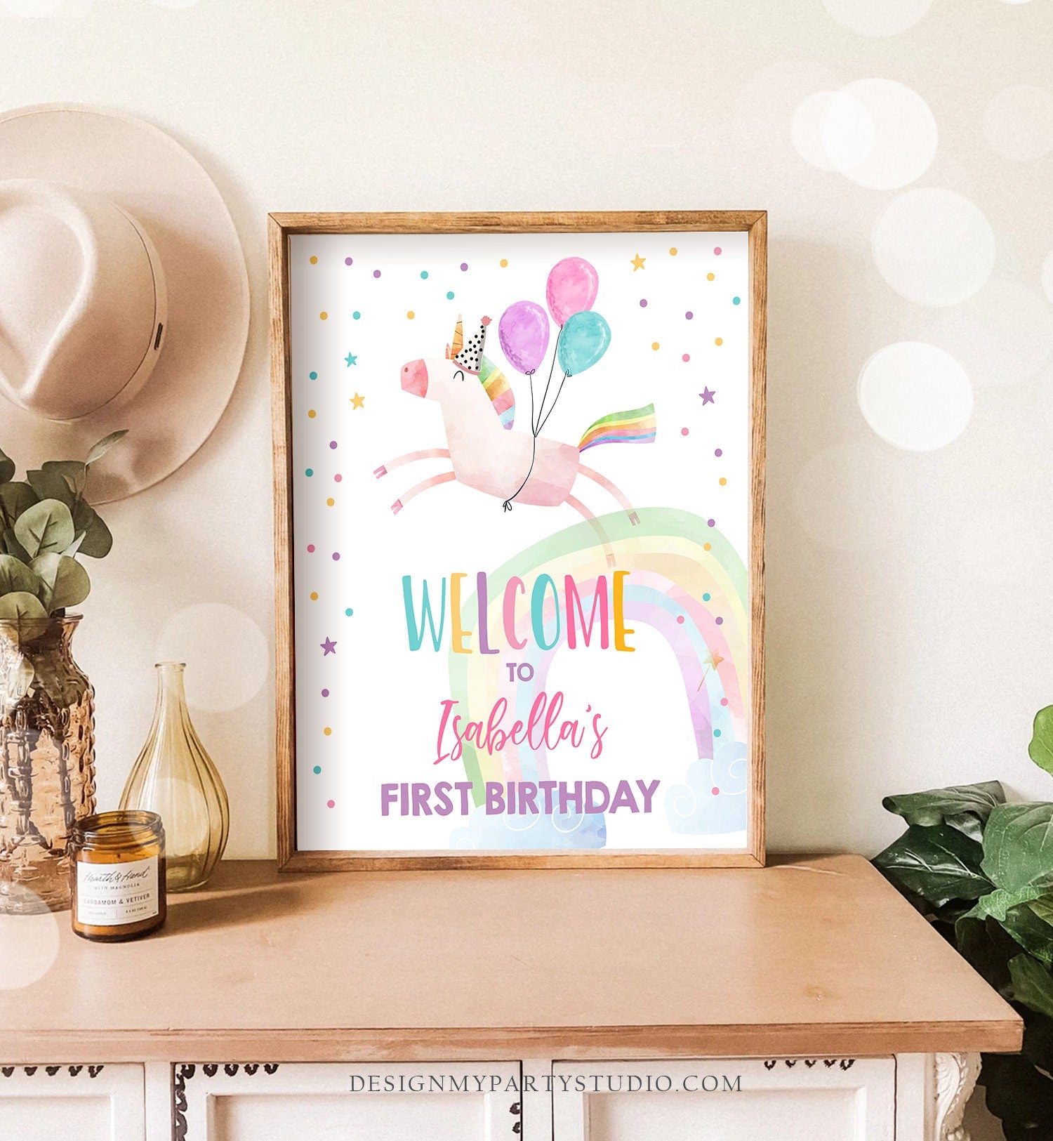 Editable Unicorn Welcome Sign Unicorn Birthday Door Sign Rainbow Girl Magical Unicorn Party Sign Pink First Template PRINTABLE Corjl 0336