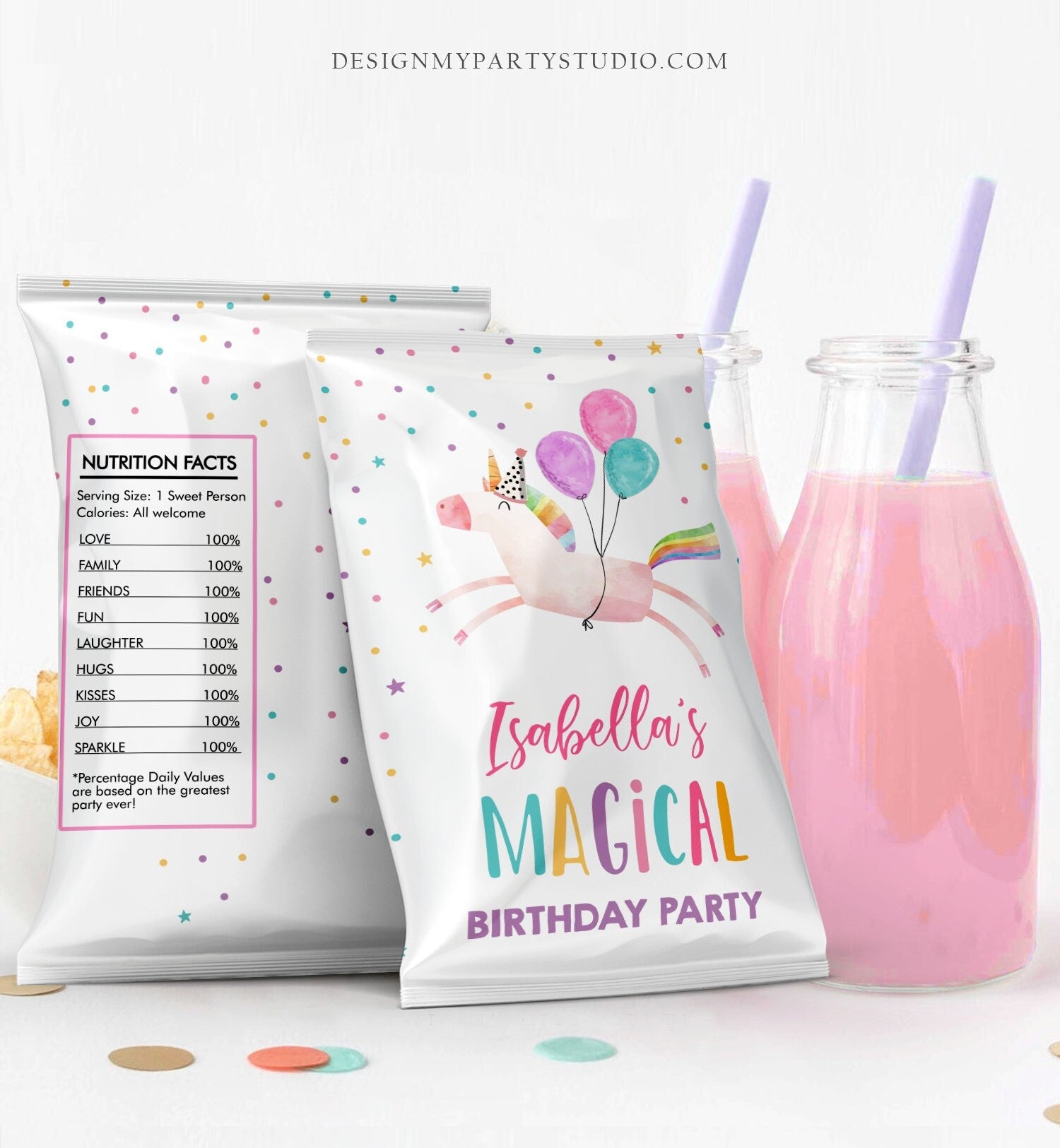 Editable Unicorn Chip Bag Magical Unicorn Birthday Party Decor Girl Rainbow Party Snack Unicorn Party Favors Digital Corjl Template 0336