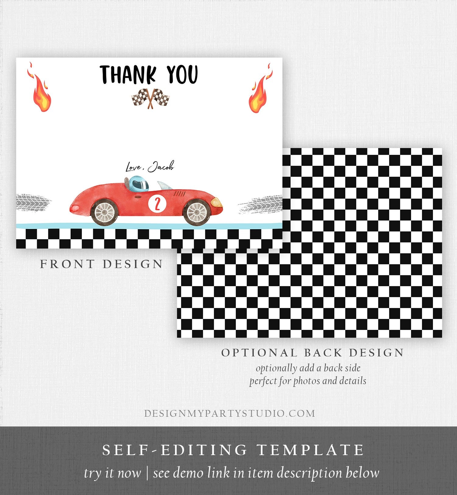 Editable Race Car Thank You Card Two Fast Birthday Boy Red Racing Car Thank You Card Birthday Fast One Template Instant Download Corjl 0424