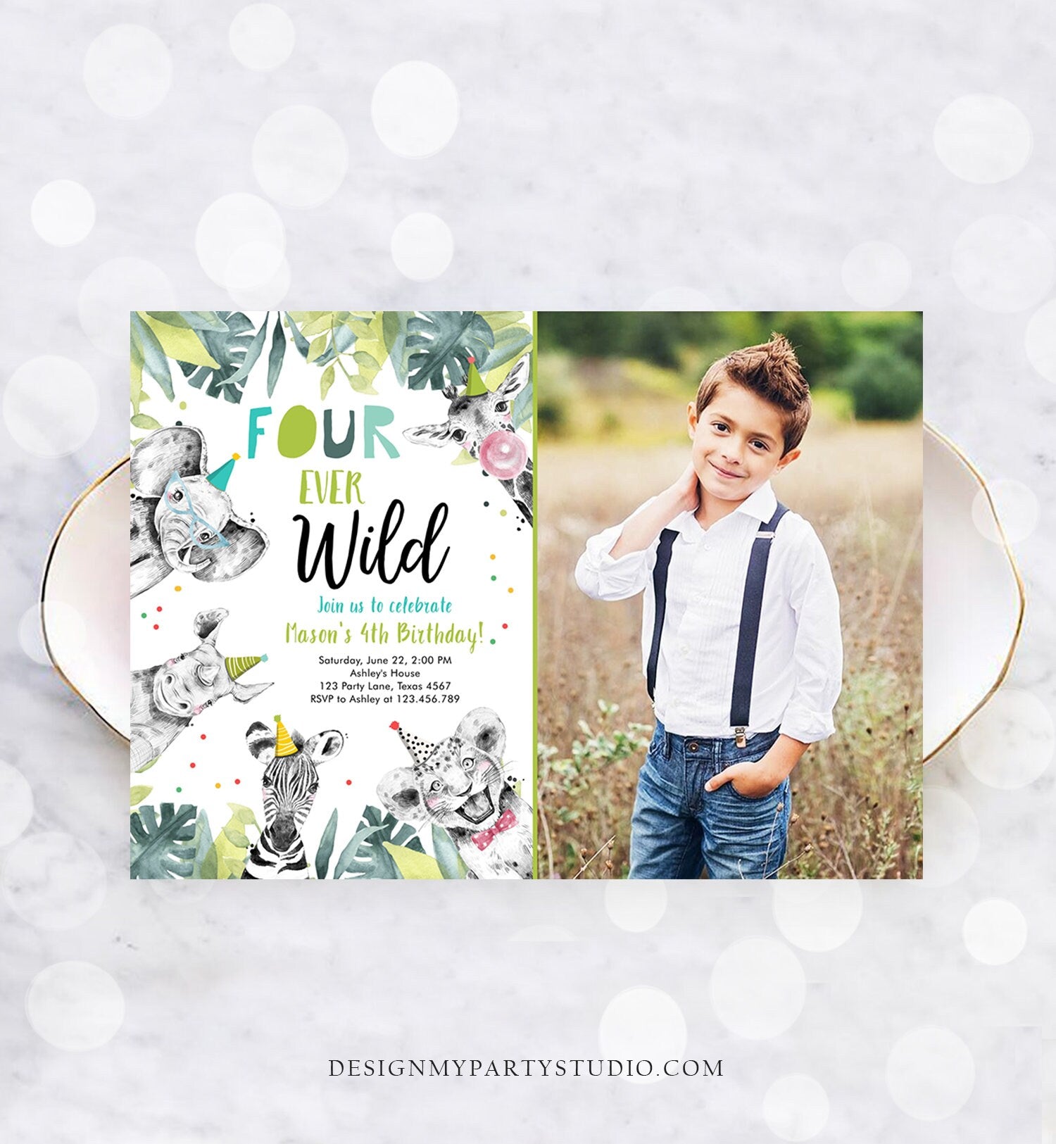 Editable Four Ever Wild Invitation Safari Animals Party Animals Boy Gold Fourth Birthday 4th Zoo Digital Corjl Template Printable 0322