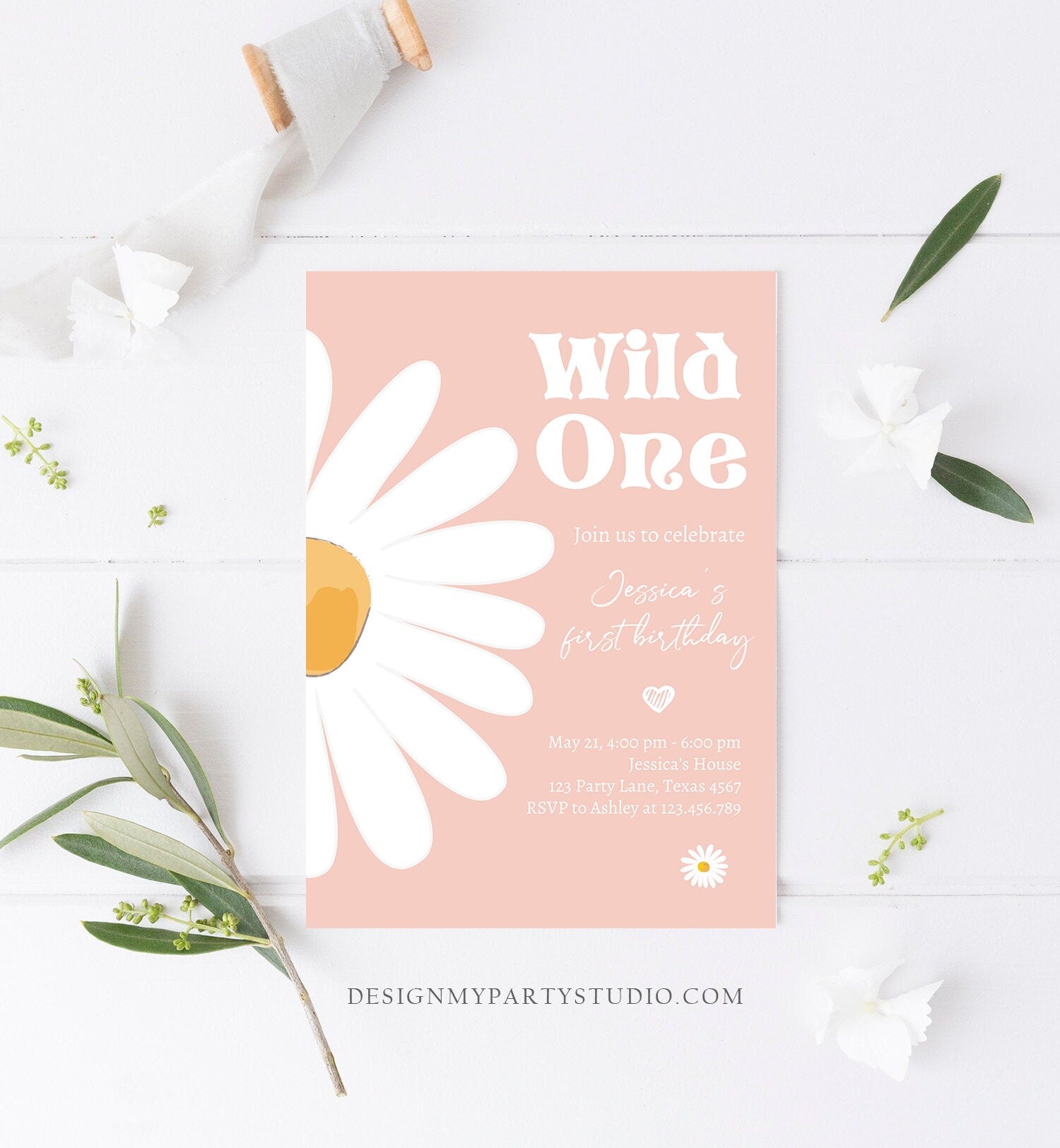 Editable Daisy Birthday Party Invitation Wild One Floral Girl Boho Pink First Birthday 1st Digital Download Template Corjl Printable 0410