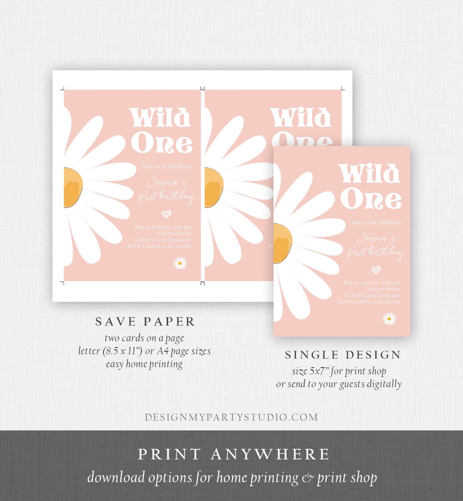 Editable Daisy Birthday Party Invitation Wild One Floral Girl Boho Pink First Birthday 1st Digital Download Template Corjl Printable 0410