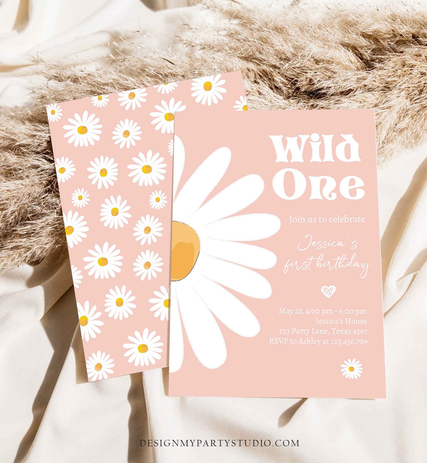 Editable Daisy Birthday Party Invitation Wild One Floral Girl Boho Pink First Birthday 1st Digital Download Template Corjl Printable 0410