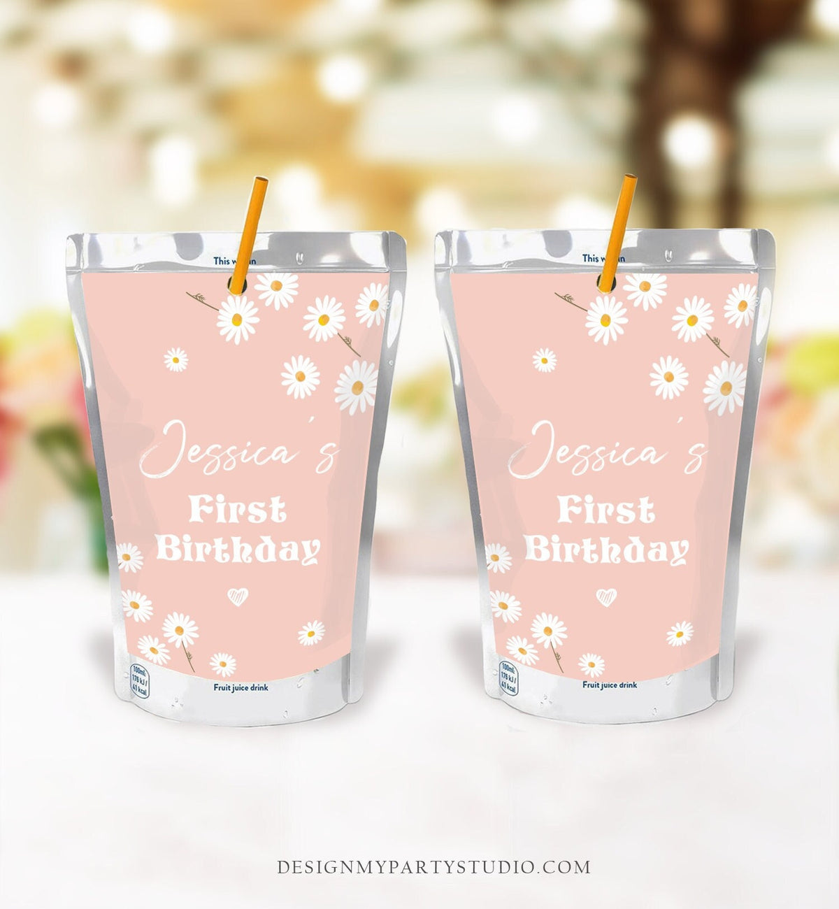 Editable Daisy Birthday Juice Pouch Labels Daisy Boho Retro Birthday Party Girl Wildflower Digital Download Editable Template Printable 0410