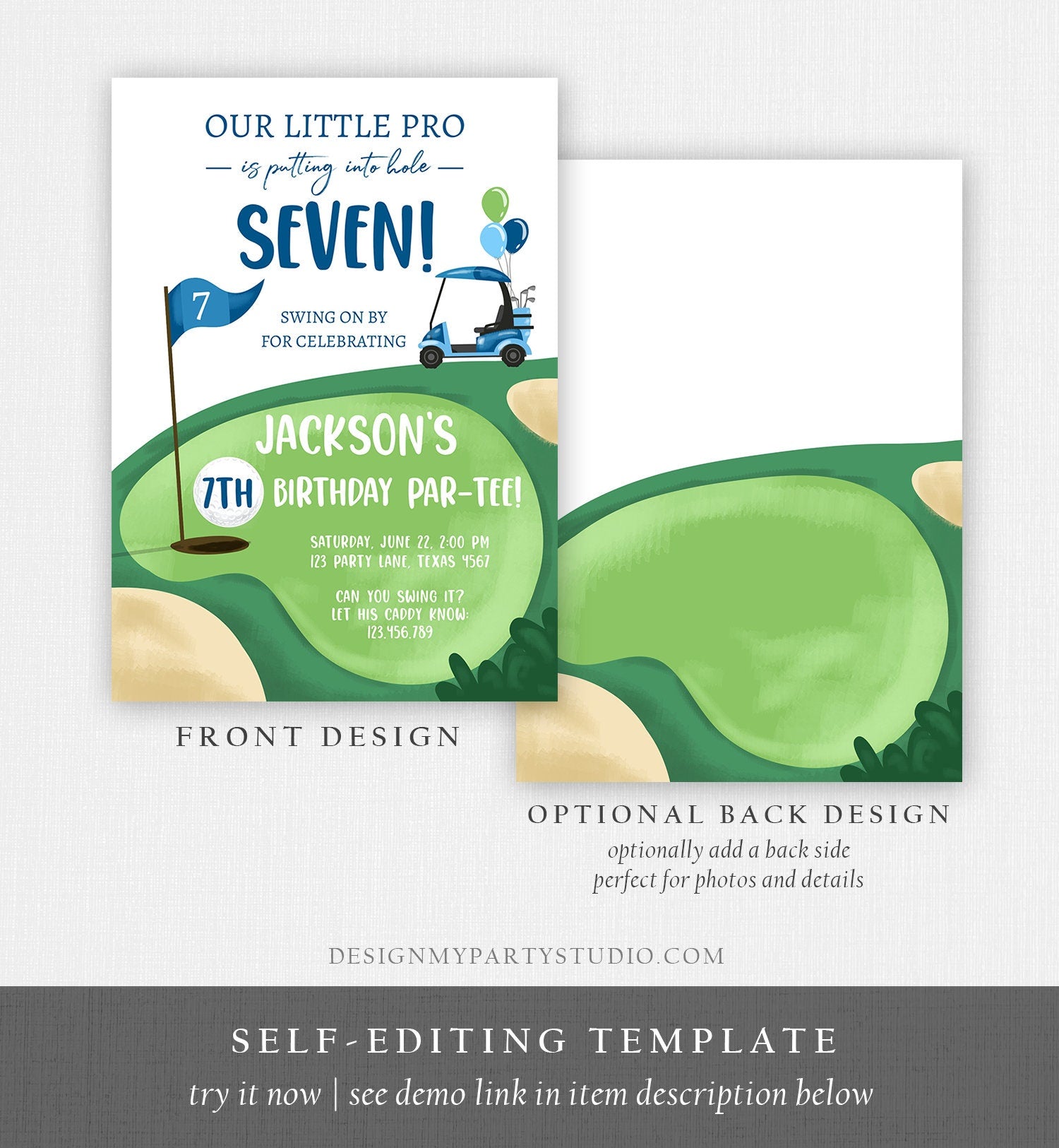 Editable Little Golf Pro Birthday Invitation Par-tee Swinging By ANY AGE Boy Cart Golfing Digital Download Corjl Template Printable 0405