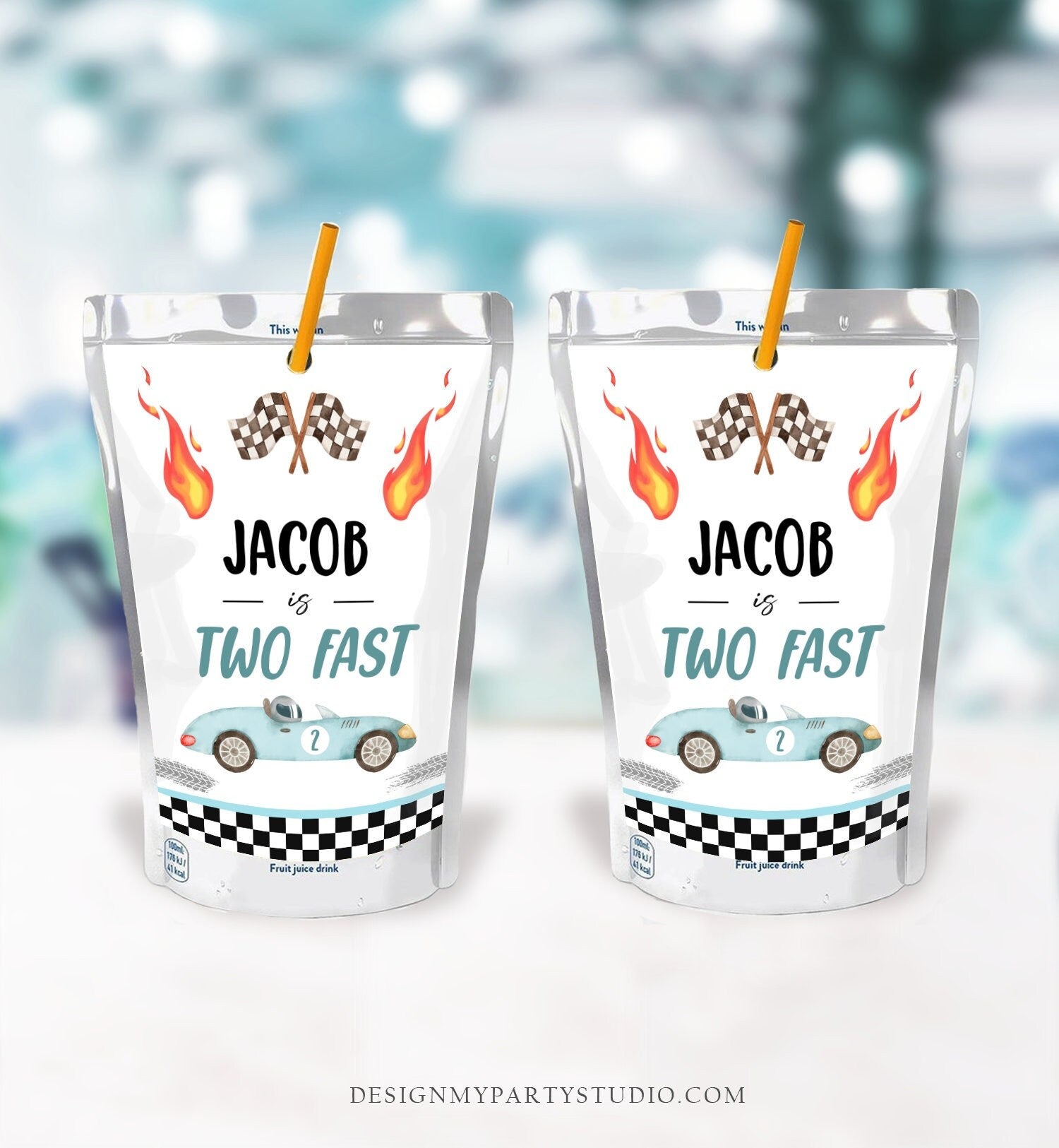 Editable Two Fast Juice Pouch Label Juice Favors Race Car Birthday Boy Growing Up Two Fast Blue Digital Download Template Printable 0424