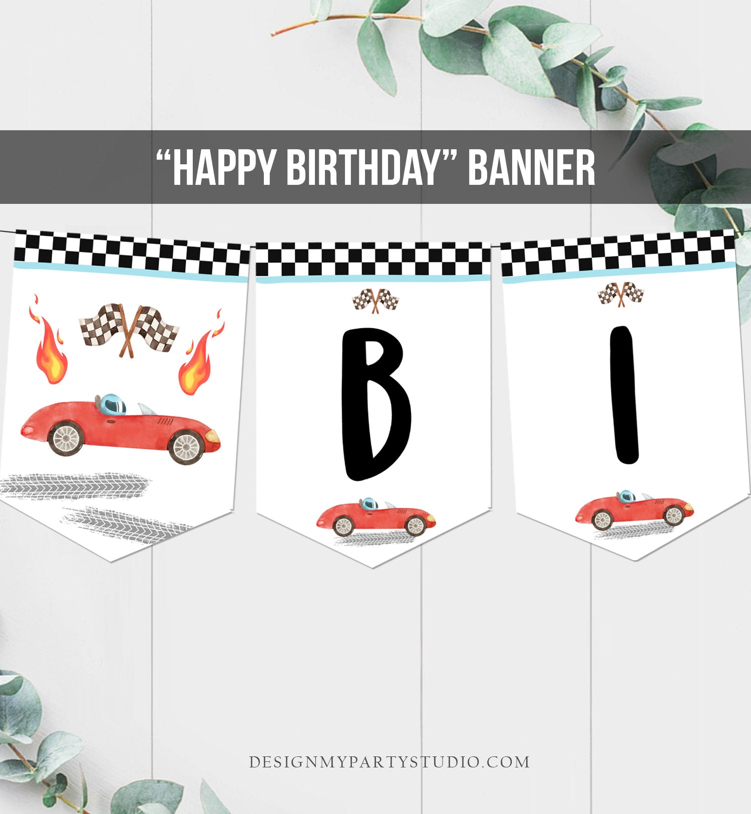 Happy Birthday Banner Race Car Banner Boy Race Car Birthday Decorations Growing Up Two Fast Red Instant download PRINTABLE DIGITAL DIY 0424