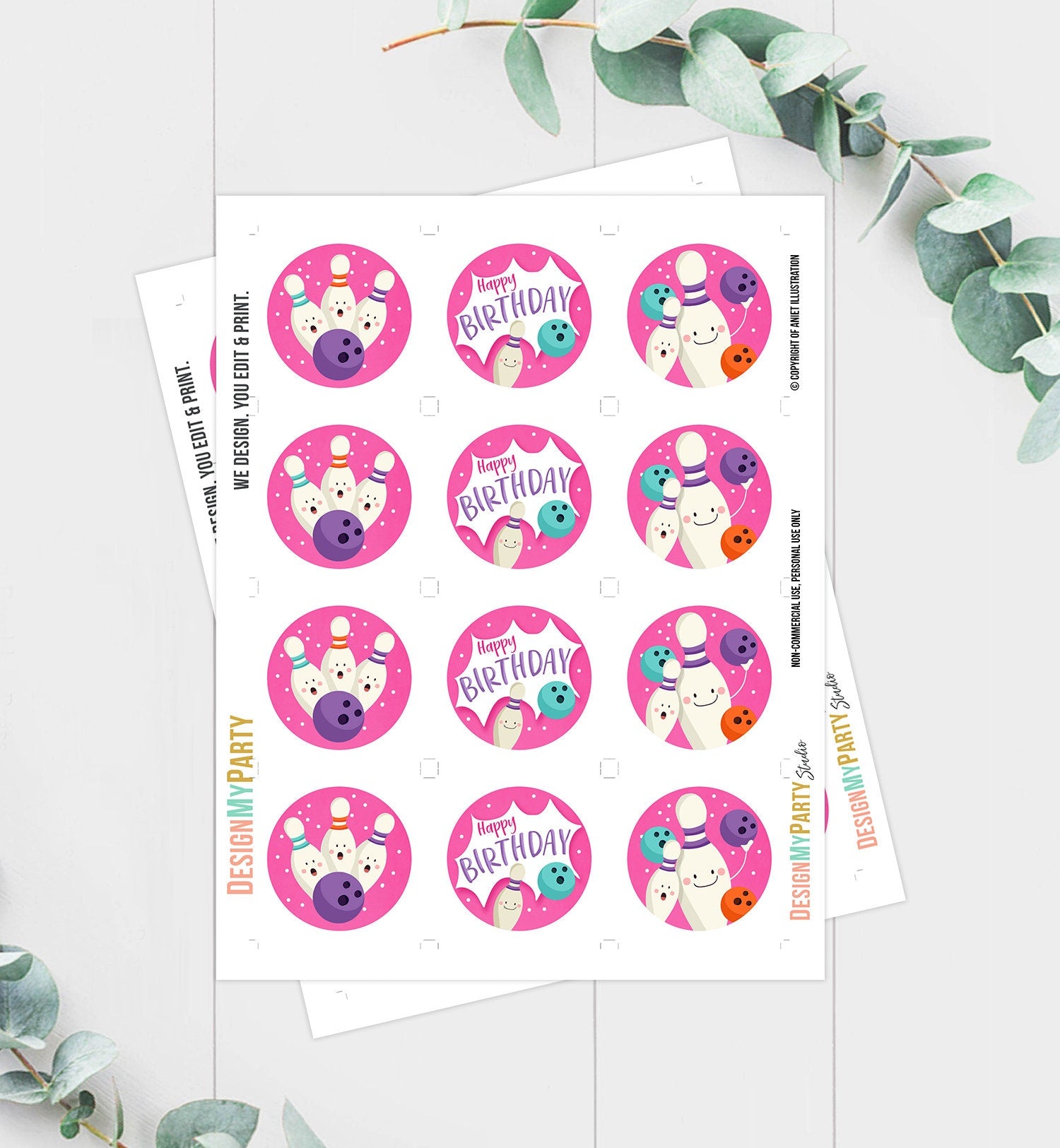 Bowling Party Cupcake Toppers Bowling Birthday Party Decorations Girl Pink Stickers Tags Bowling Cupcake Download Digital Printable 0324