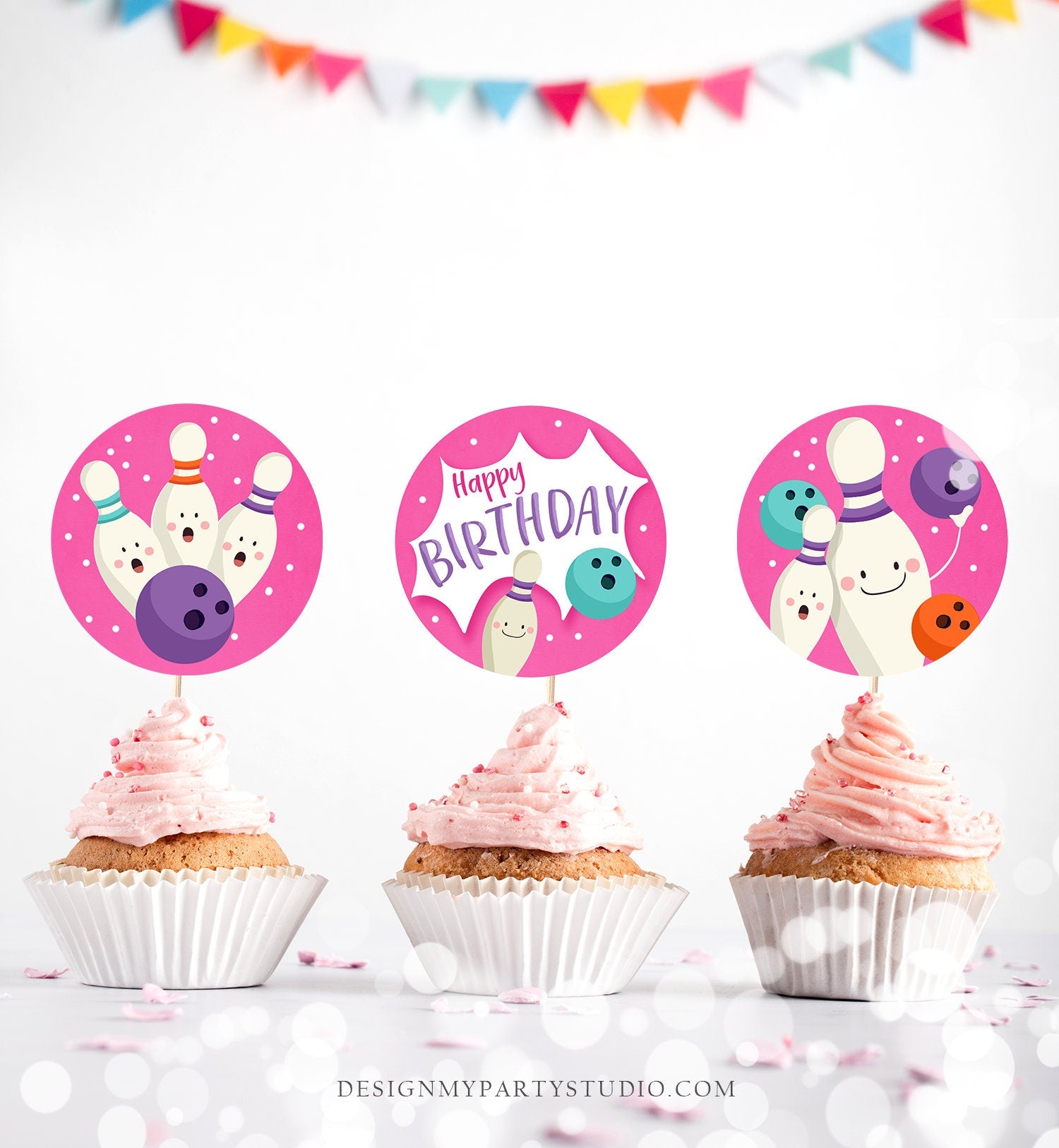 Bowling Party Cupcake Toppers Bowling Birthday Party Decorations Girl Pink Stickers Tags Bowling Cupcake Download Digital Printable 0324