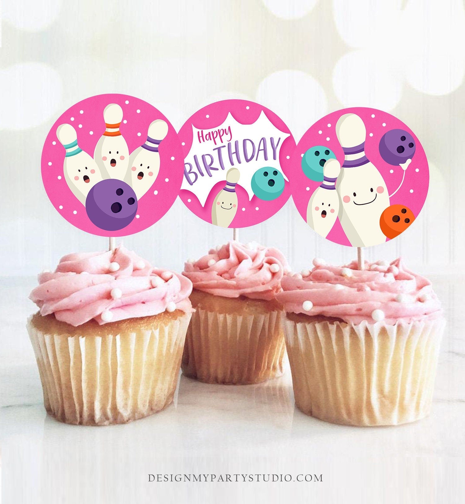 Bowling Party Cupcake Toppers Bowling Birthday Party Decorations Girl Pink Stickers Tags Bowling Cupcake Download Digital Printable 0324