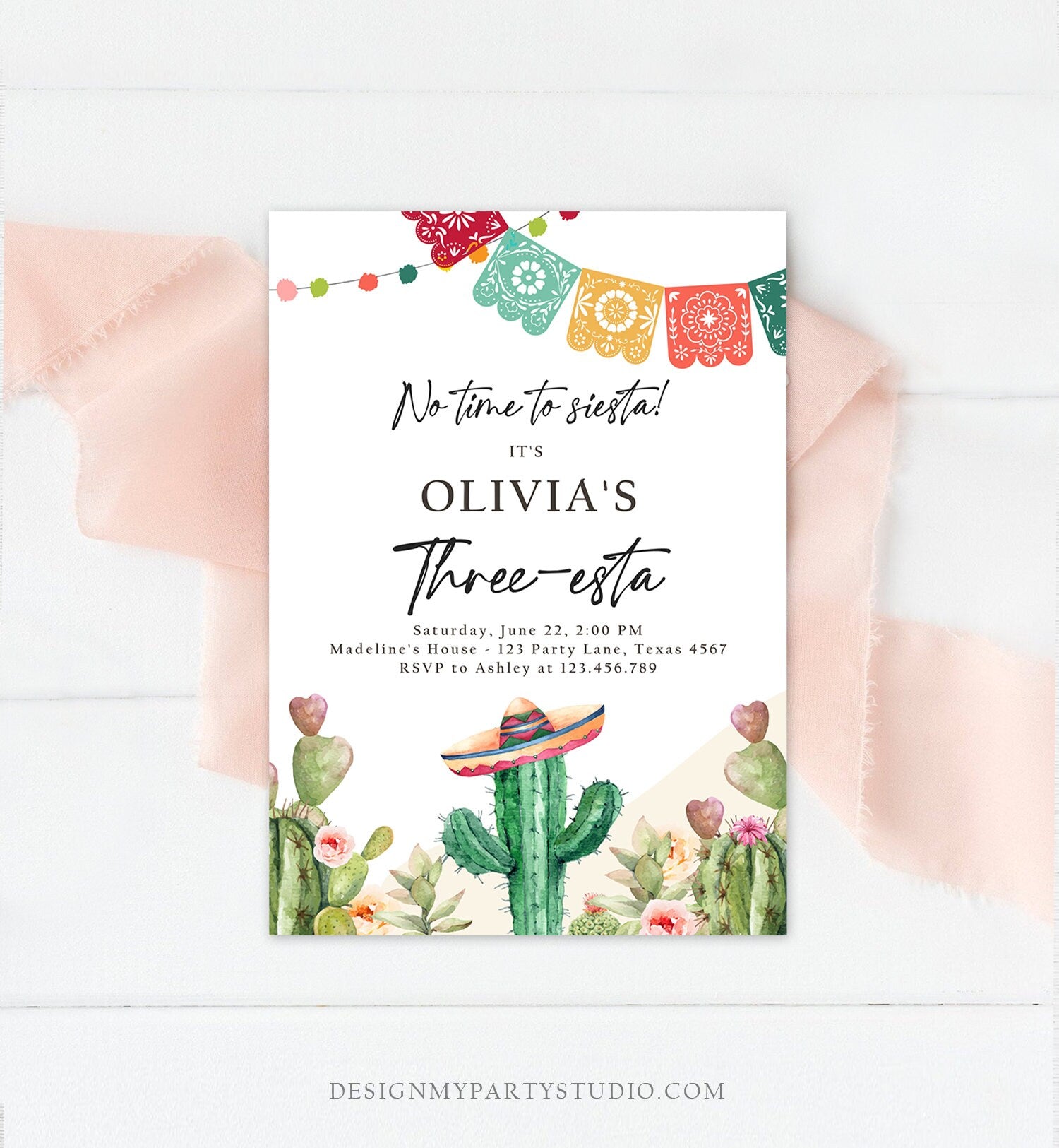 Editable Fiesta Invitation Three-esta Birthday Mexican Cactus Succulent Desert Floral Girl Kids 3rd Printable Invitation Template Corjl 0404