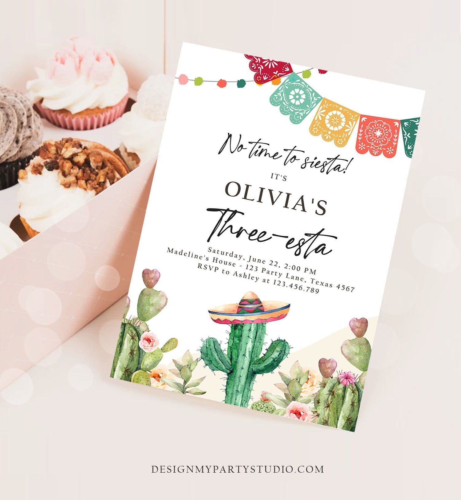 Editable Fiesta Invitation Three-esta Birthday Mexican Cactus Succulent Desert Floral Girl Kids 3rd Printable Invitation Template Corjl 0404